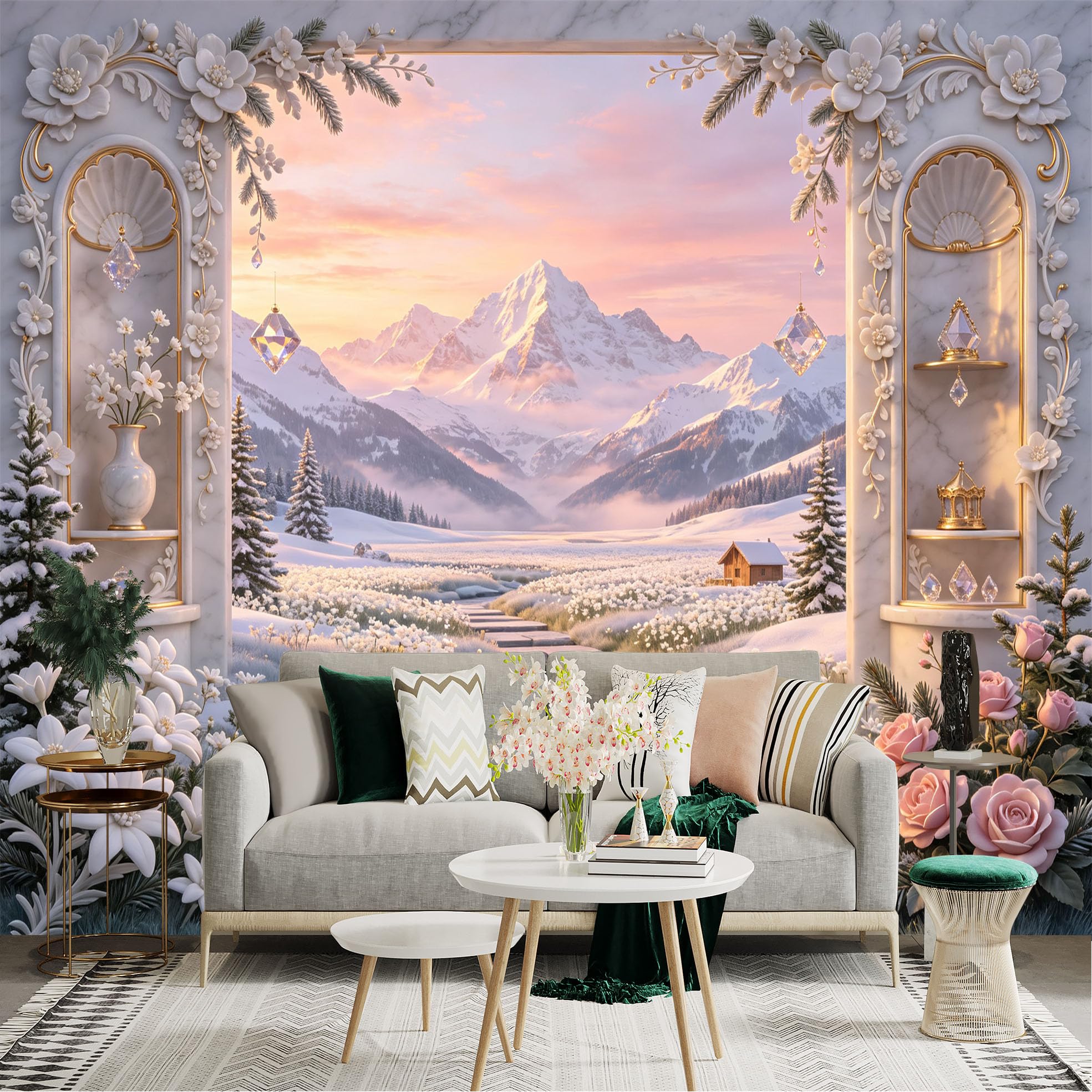 Lnzczhyre Bh260719272 Custom Size Wall Sticker Mural， Snowy Mountain Landscape With Stone Pathway， Elegant Floral Archway， Winter Nature Scene， For Wall Decoration， Peelandstick Wall Decals.