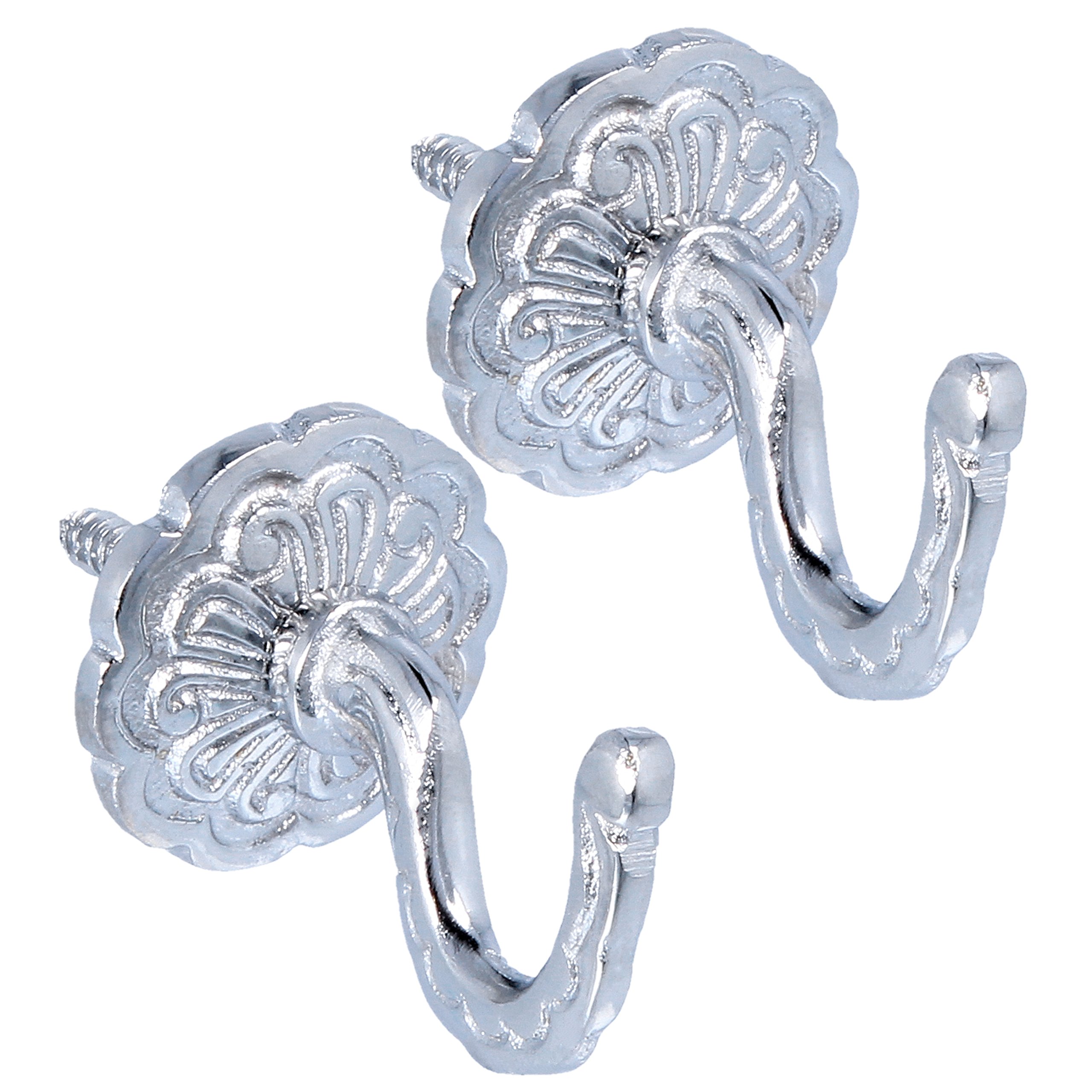 White Hinge Silver 2X Rosette & Plate Curtain Tieback Hooks Polished Chrome | Window Drape Hold Back