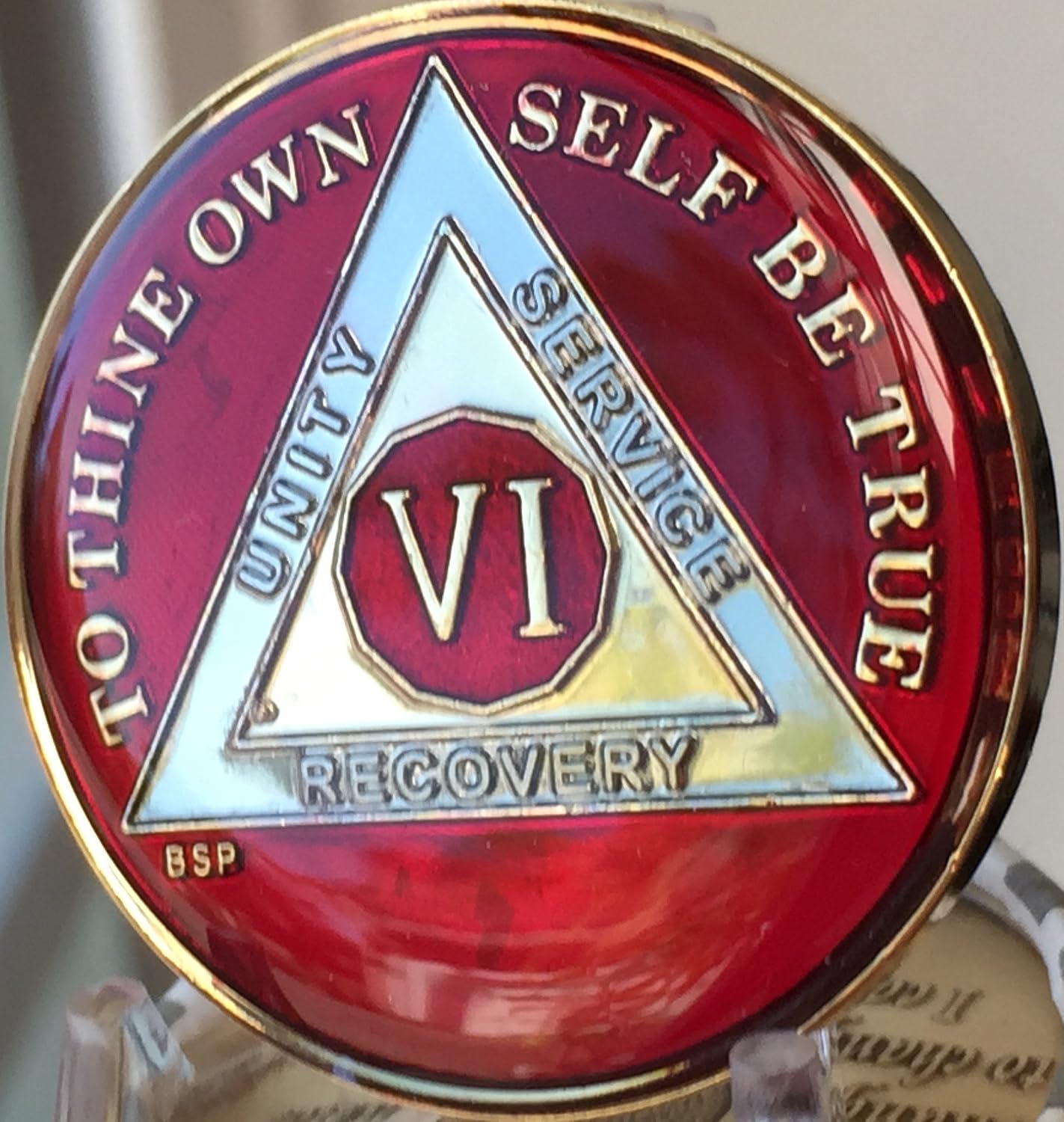 6 Year Mandarin Red Gold & Nickel Tri-Plate AA Alcoholics Anonymous Sobriety Medallion Chip Serenity Prayer