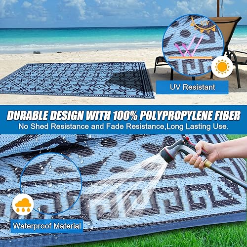 Miniatura 5 de TIPHOPE Alfombras para exteriores de caravana, impermeables, de 9 x 6 pies, alfombras plegables para patio con bolsa de transporte, alfombras