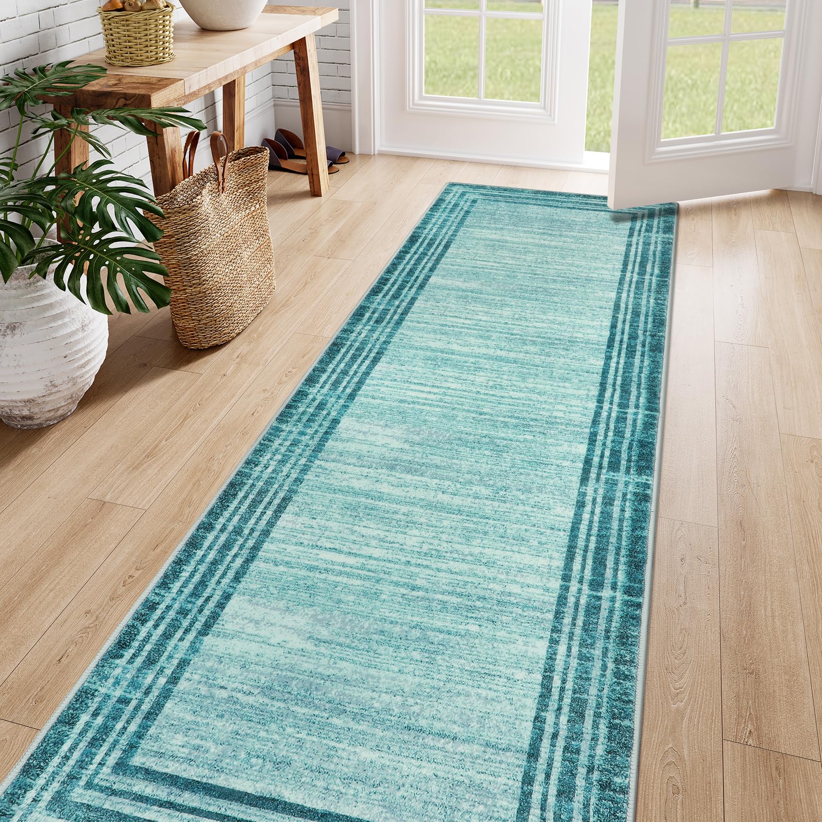 Lahome Amabel Abstract Runner Rug,Teal 2.5x8 Runners for Hallways Washable Non-Slip Kitchen Rug Runner, Soft Entryway Runner Rug Minimalist Solid