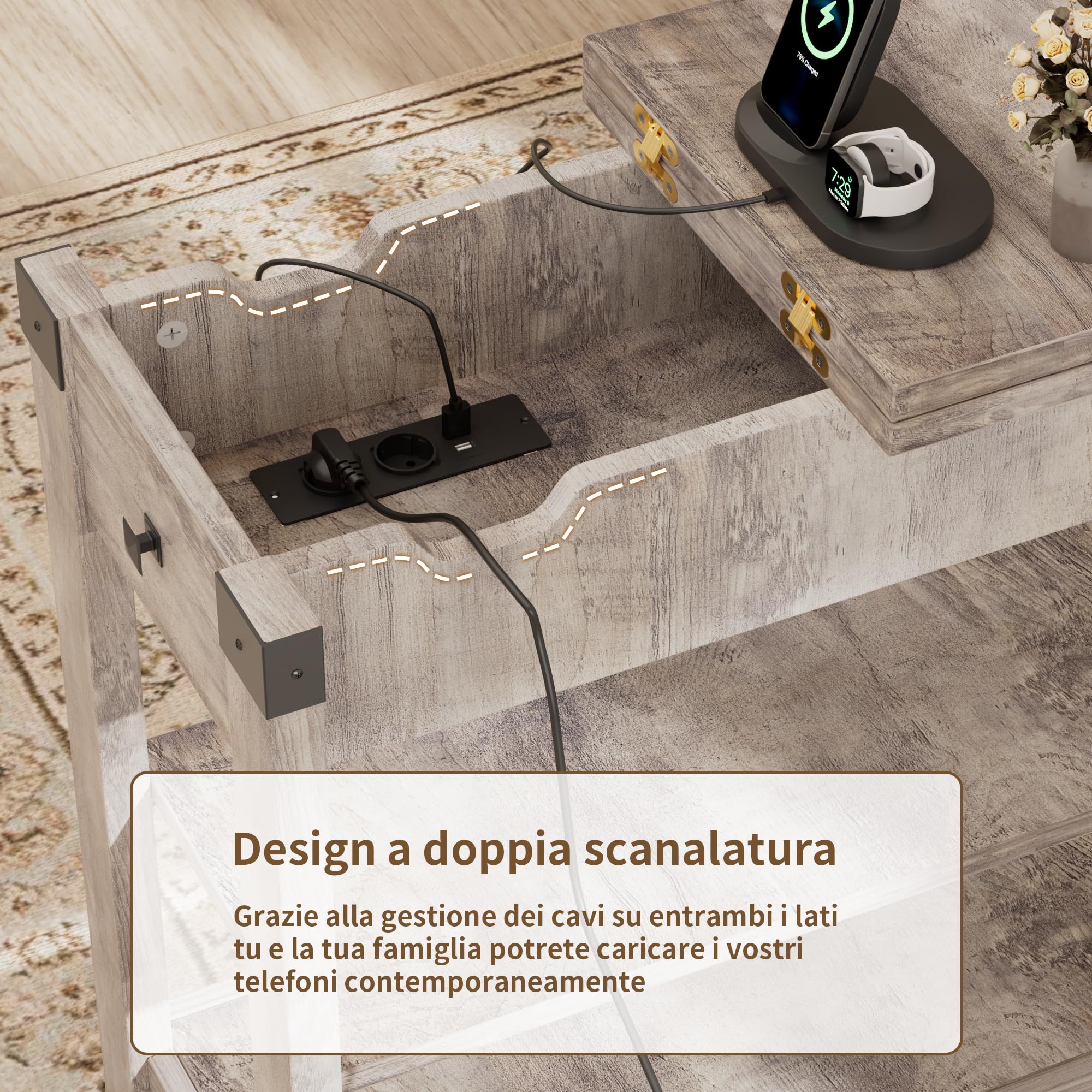 BonVache Set di 2 comodini, tavolino piccolo con funzione di ricarica, tavolino sottile con ripiano, cassetti, comodino per soggiorno, camera da letto, grigio