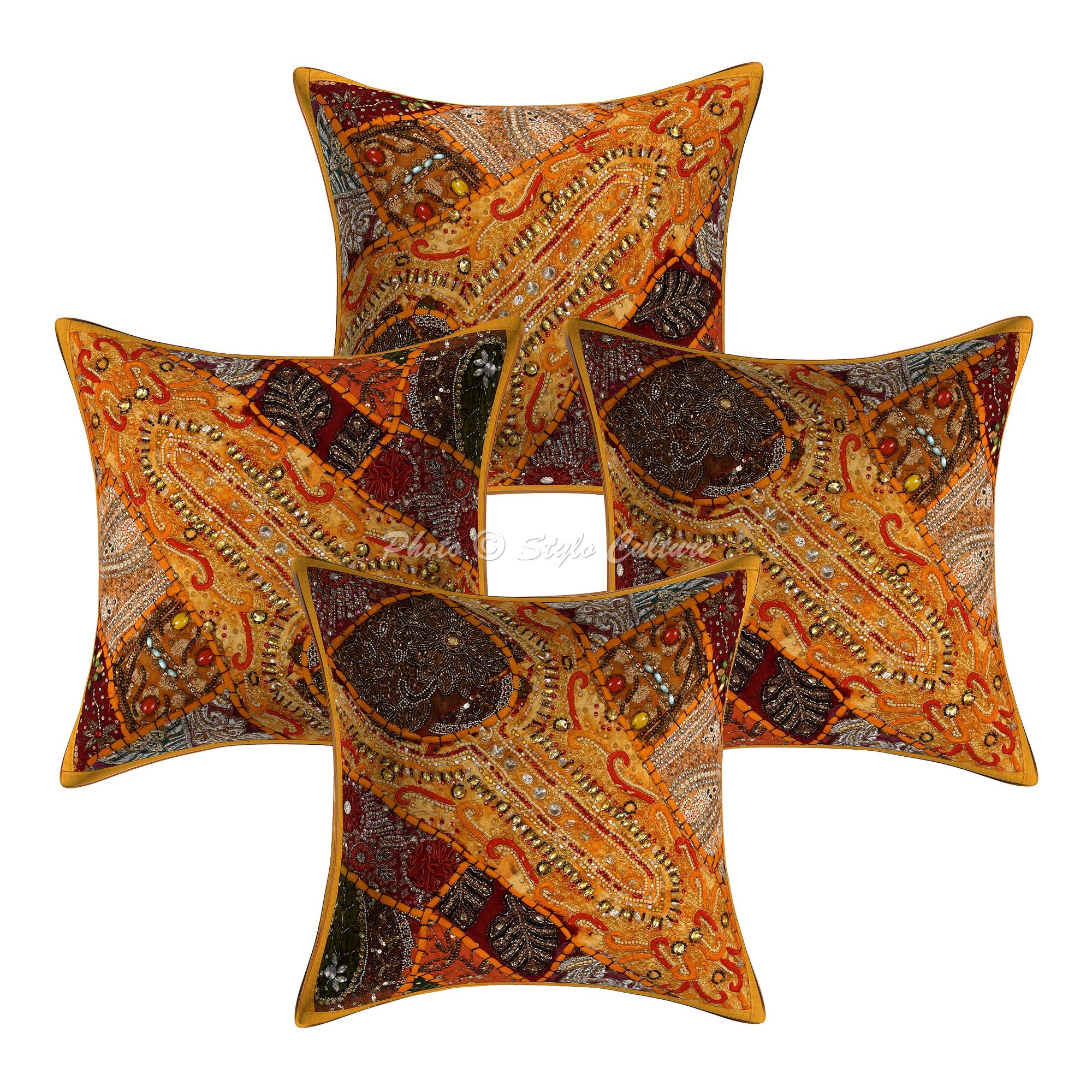 Ethnisch Dekorativ Baumwolle Couch Kissenbezüge 40x40 cm Mangogelb Dekokissen Perlenbestickt Patchwork Schlafzimmer Sofa Kissen Bezüge Halsdesign Quadrat Kissenhullen - 4 STK.