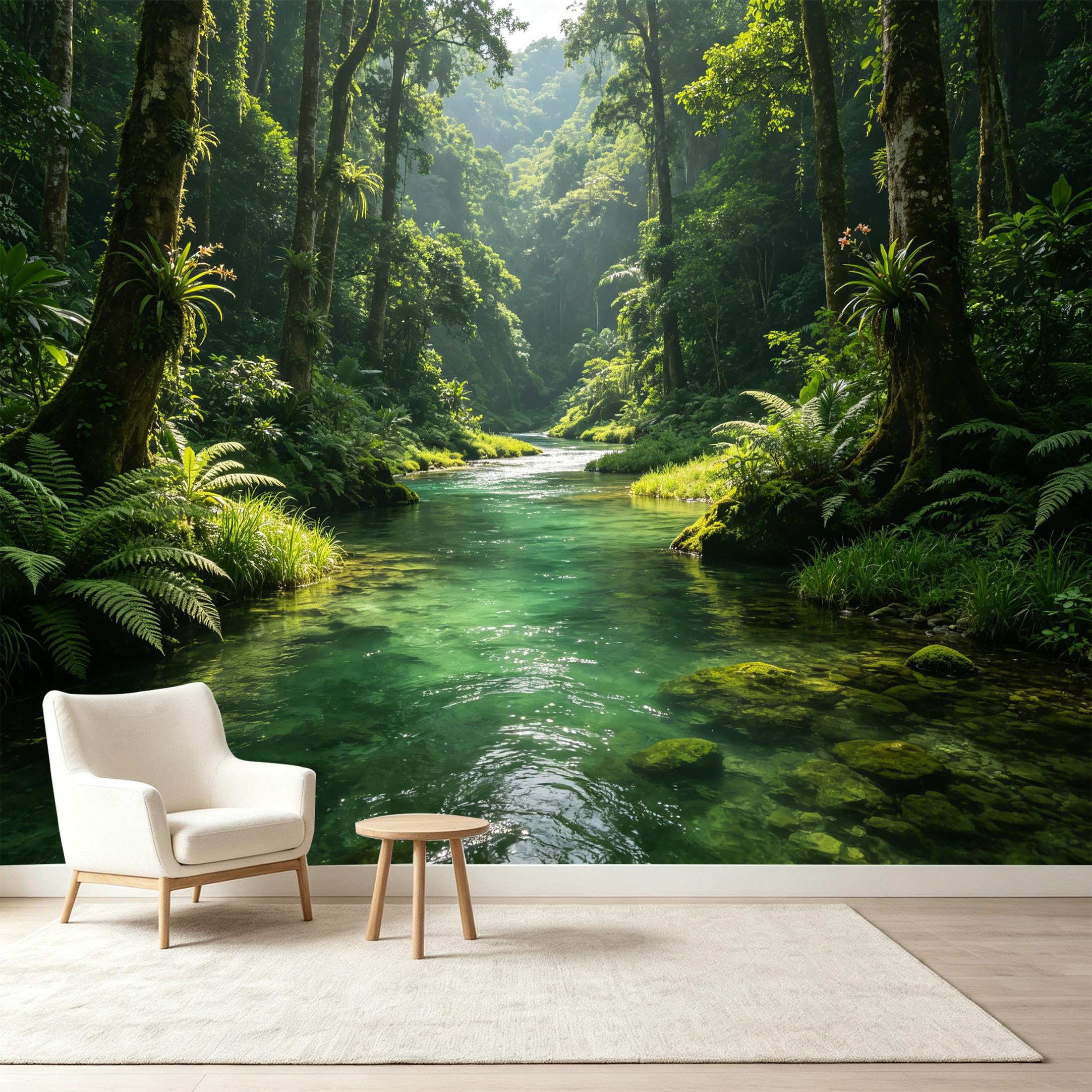 Custom Size Wall Murals Tropical Rainforest Landscape Sunbeam River Fern Tree Self-Adhesive Wall Fabric Removable Wallpaper Wall Decor for Living Room Bedroom Bathroom
