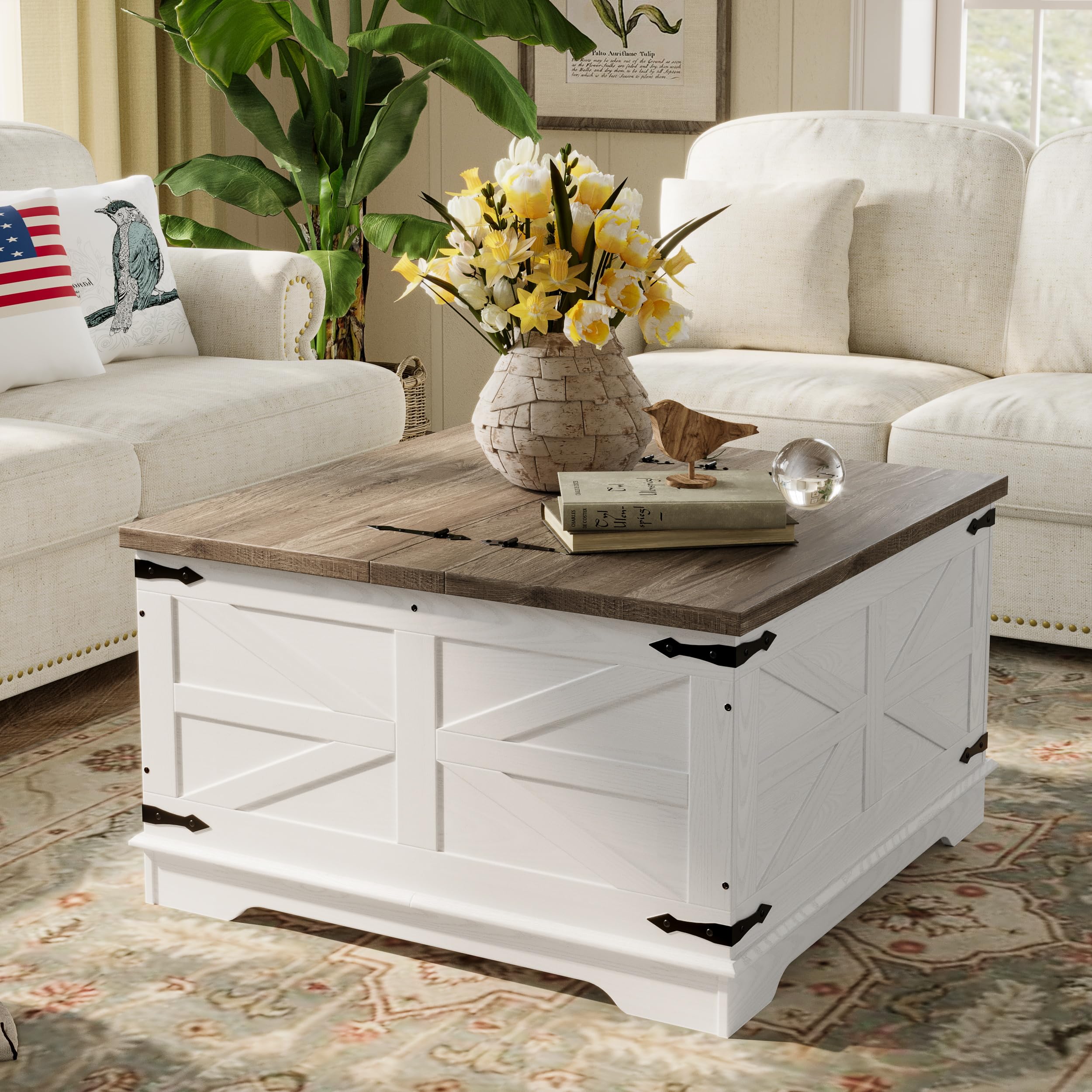 senlin Farmhouse Coffee Table Heavy-Duty Coffee Table with Storage Square Wood Center Table Set for Living Room with