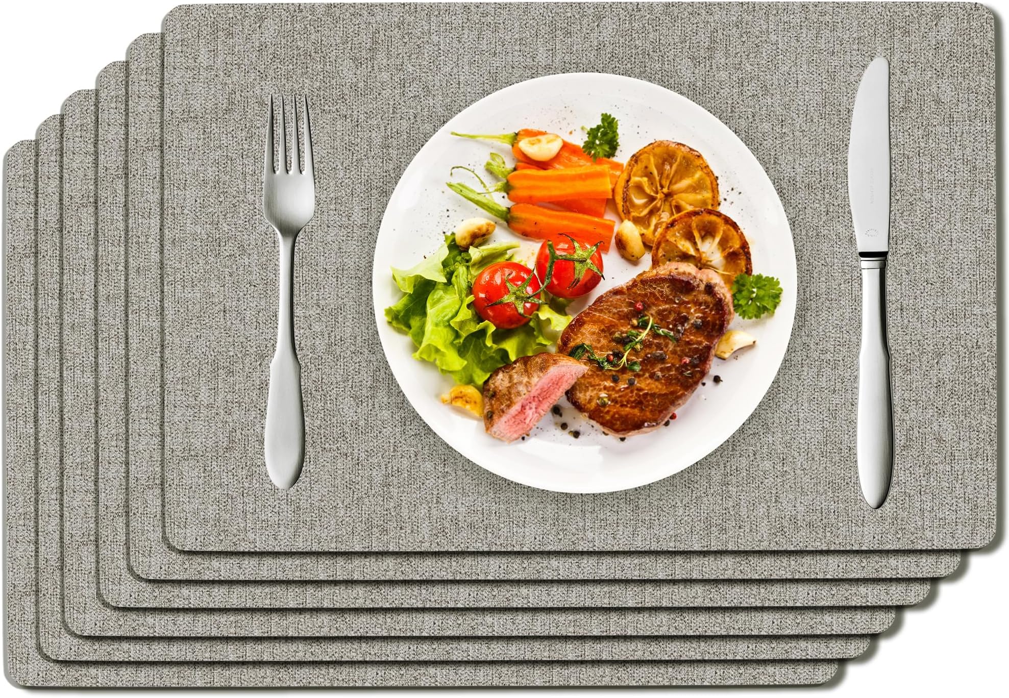 DOLOPL Placemats Set of 6, Faux Leather Heat Resistant Place Mats for Dining Table, Waterproof Oilproof Wipeable Washable Table Mats, Easy to Clean Anti-Slip Tablemats for Kitchen Party, Outdoor, Gray