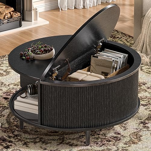 Round Coffee Table, 31.5" Fluted Center Table with Storage, Lift-Top