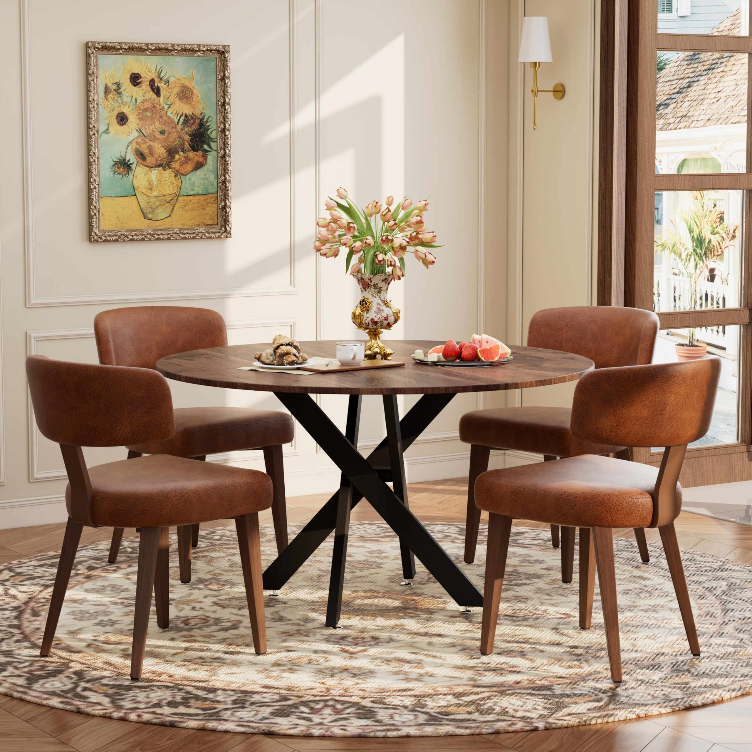 Wood Dining Table Set for 4, 47" Round Kitchen Table with 4 Faux Leather Dining Chairs, MDF Tabletop with Metal Legs, Ergonomic Dining Chair with Metal Legs(Woodgrain Table with Brown Chairs)