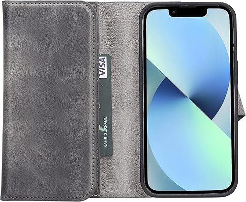 Miniatura 4 de Bayelon Funda para iPhone 13 Pro, funda de cuero de grano completo de triple pliegue, cartera magnética desmontable para teléfono, funda abatible