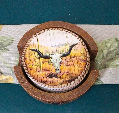 Miniatura 8 de Ebros Gift Rústico Western Rodeo Roundup Longhorn vaca cráneo trenzado cuerdas de madera sintética posavasos conjunto figura soporte con cuatro