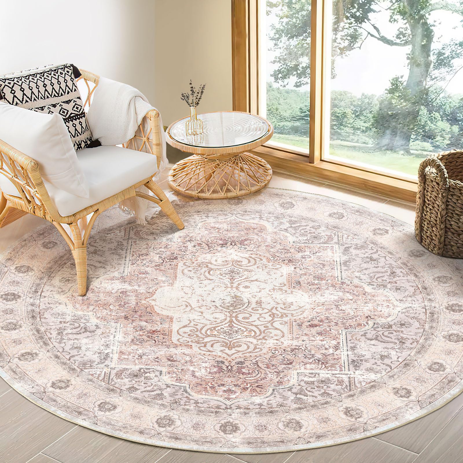 BESTSWEETIE 6ft Round Rug Vintage for Living Room 6ft Round Rugs Machine Washable Round Rug 6ft Non Slip No Pile Carpet Bohemian Distressed for Living Room Bedroom Indoor Pink