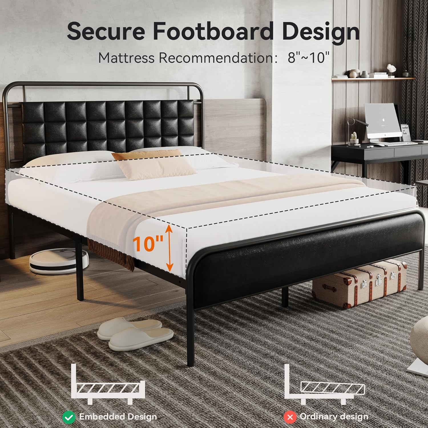 Diagram showing mattress placement and recommended thickness on the bed frame