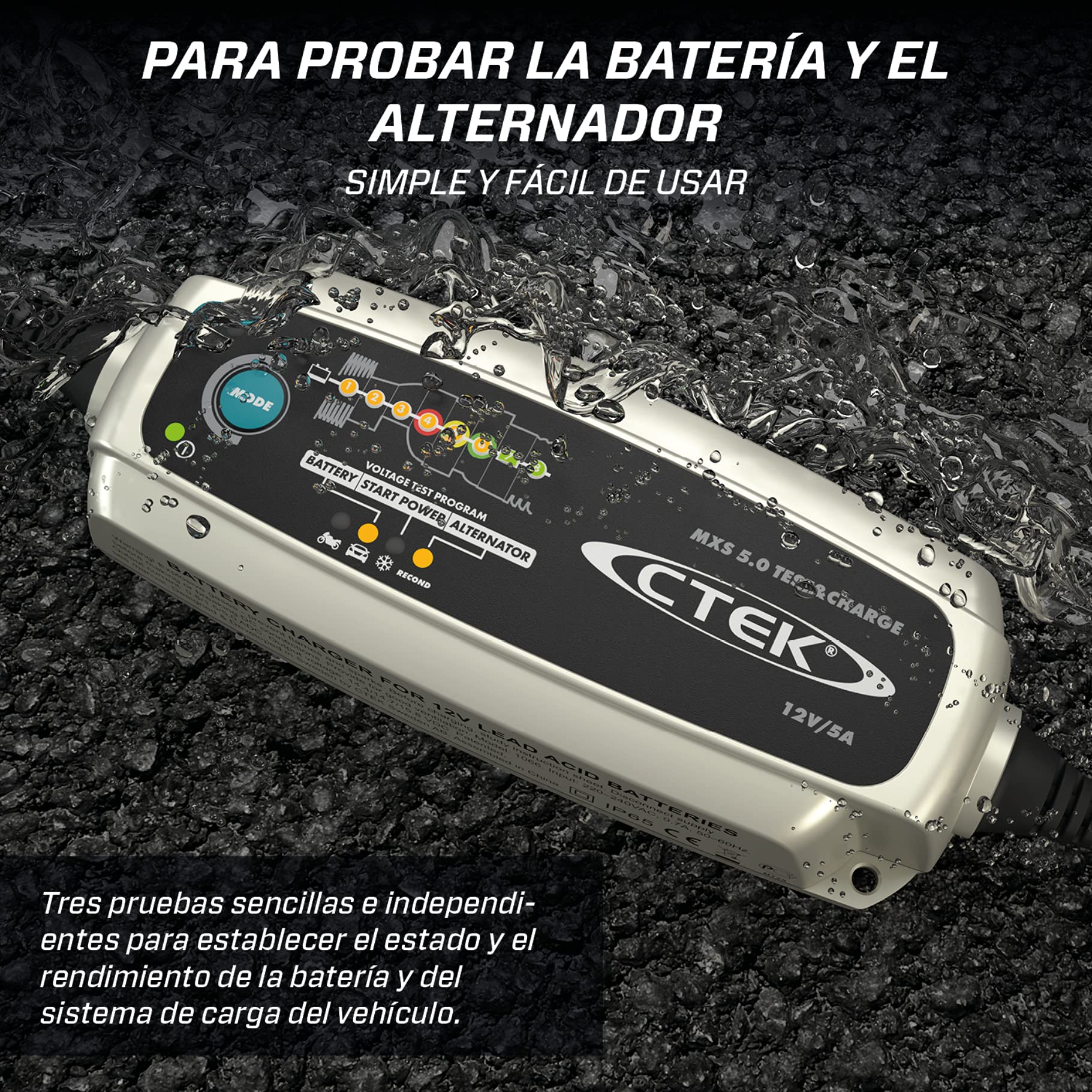 CTEK MXS 5.0 Test&Charge Cargador Batería 12V 5A,Mantenedor De Batería, Cargador De Batería De Coche Y Camion, Probador De Batería Y Alternador con Modo De Reacondicionamiento Y Modo De Copo De Nieve