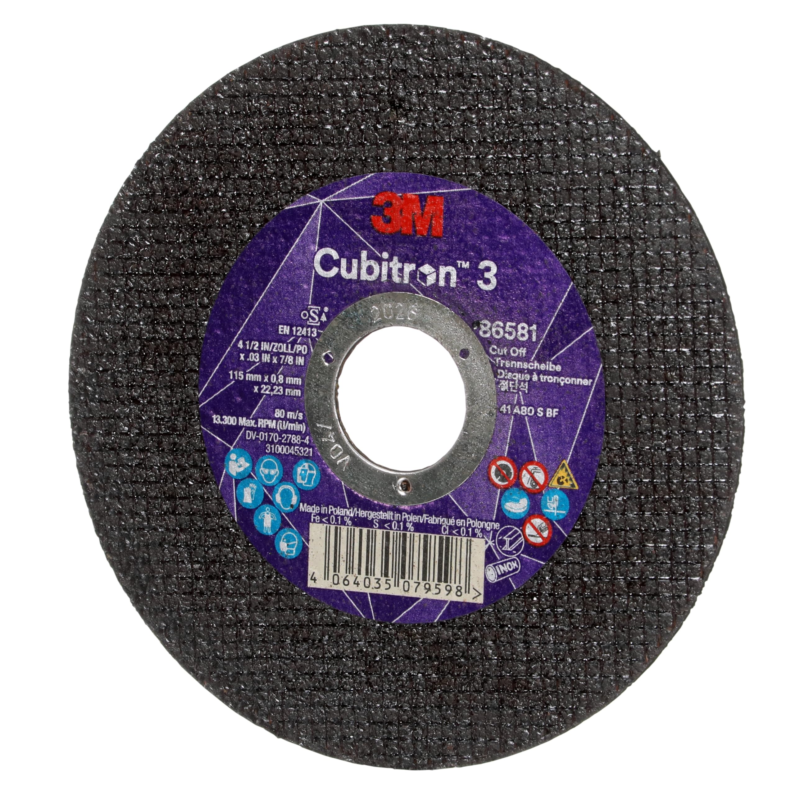 Disco da Taglio 3M Cubitron 3, 86581, 80+, T41, 115 mm X 0.8 mm X 22.23 Mm, En, 25/Pack