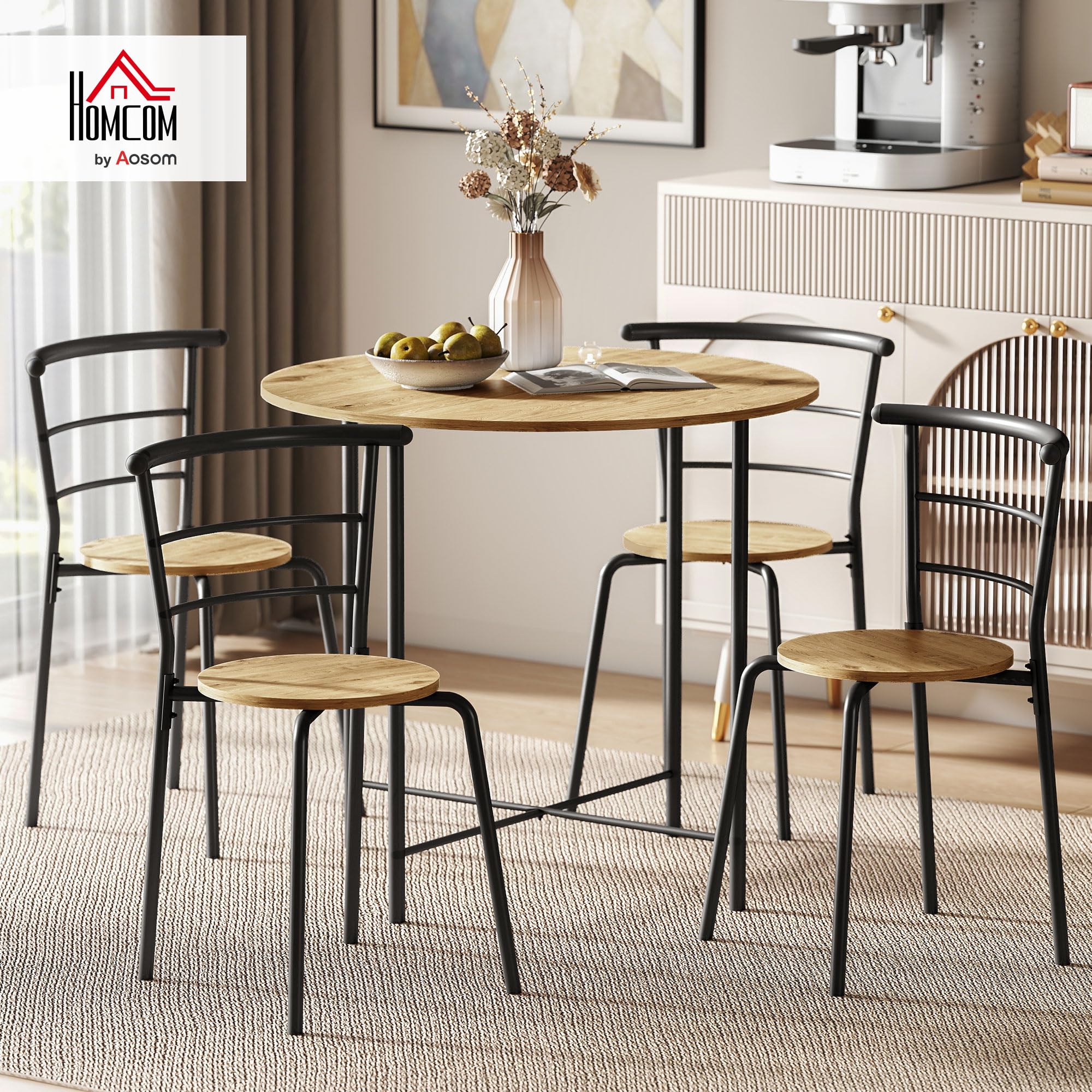 HOMCOM Set Tavolo e Sedie Sala da Pranzo 5 Pezzi, 4 Sedie Nero Color Legno | Tavolo Rotondo, Legno e Metallo, Salvaspazio, Stile Industriale, Soggiorno Salotto Cucina
