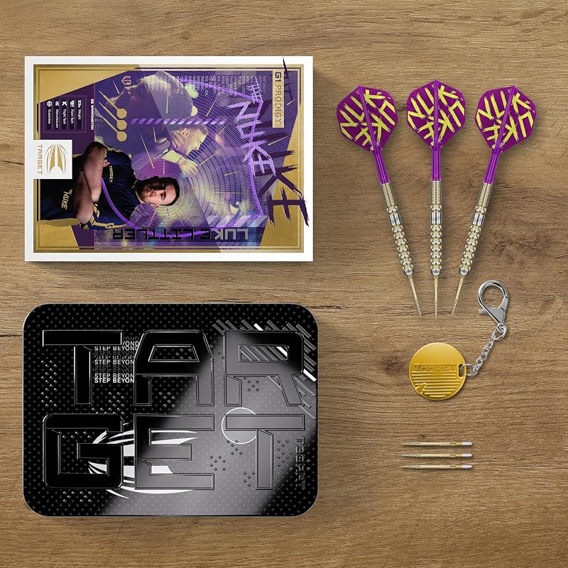 Target Darts Luke Littler Gen 1 Prodigy 90% Tungsten Darts Nyíl Készlet 22G - Arany Acél Hegyekkel, K-Flex Szárnyakkal, Swiss Point Technoló