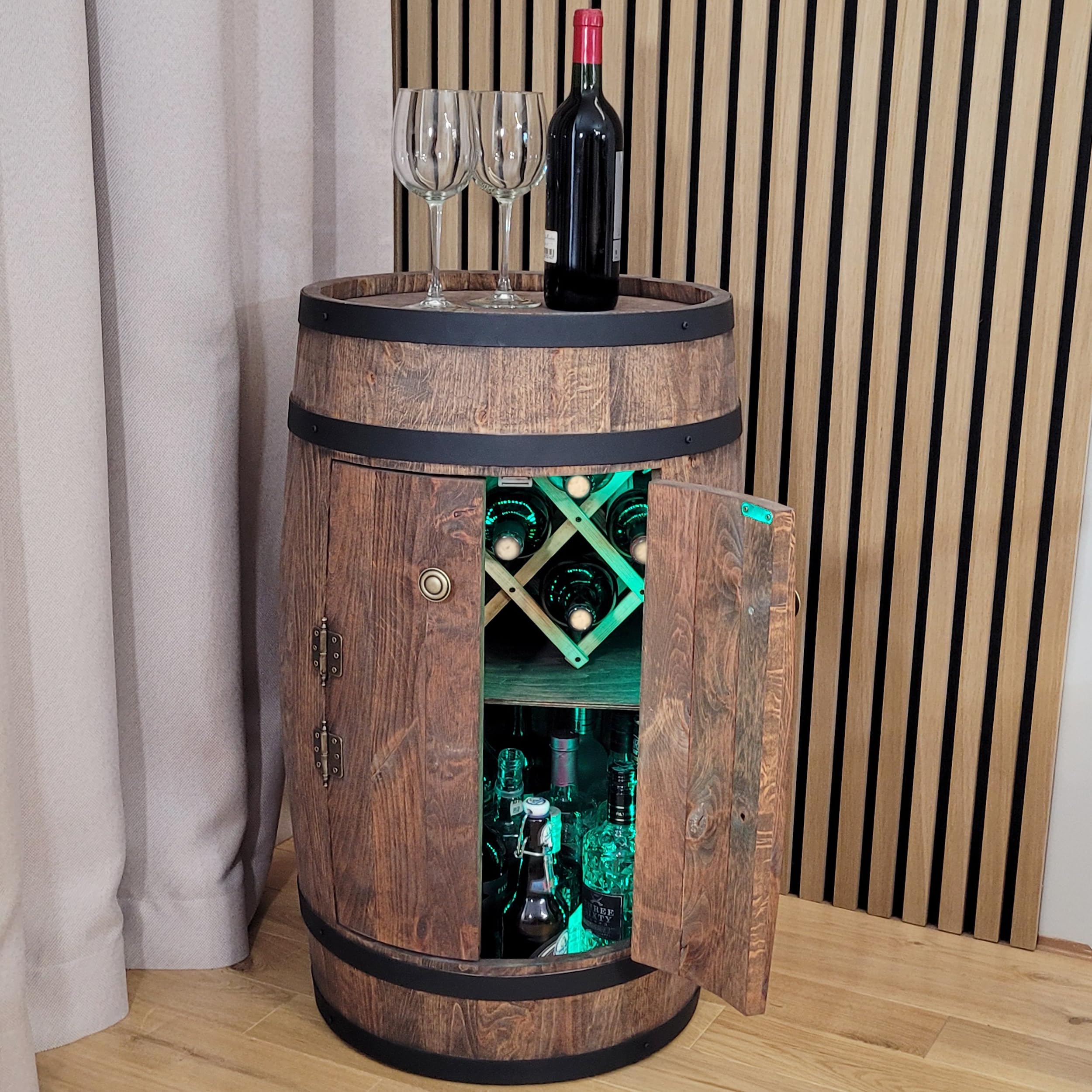 Armadietto Per Bottiglie A Forma Di Botte In Legno | Portabottiglie Rustico | Per Vino, Whisky | Idea Regalo - Foto 3