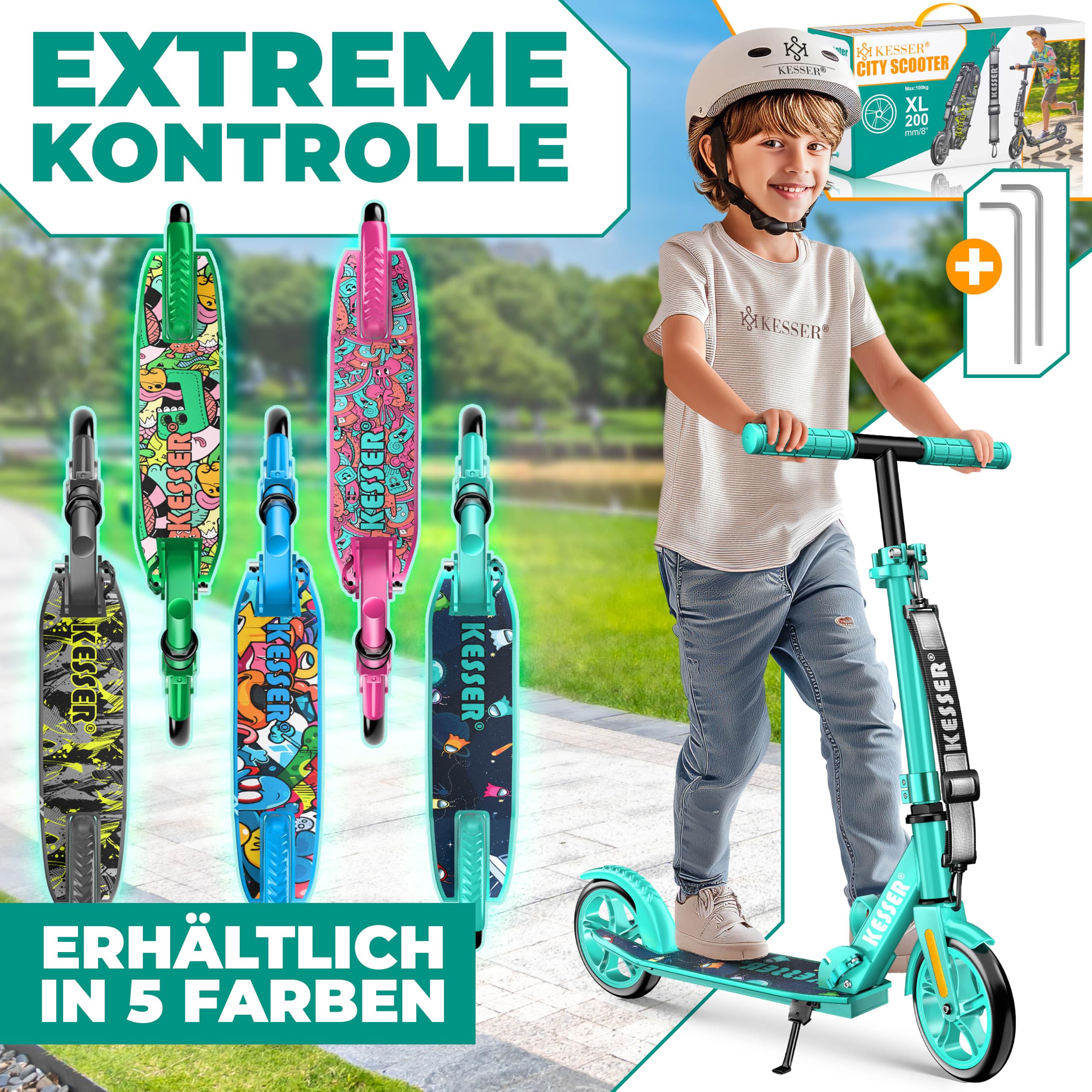 KESSER® Scooter Roller Kinderroller Cityroller Tretroller Kickroller klappbar höhenverstellbar, Kickscooter bis 100kg, Hinterradbremse, rutschfeste Trittfläche, bis 185cm Körpergröße, inkl. Tragegurt