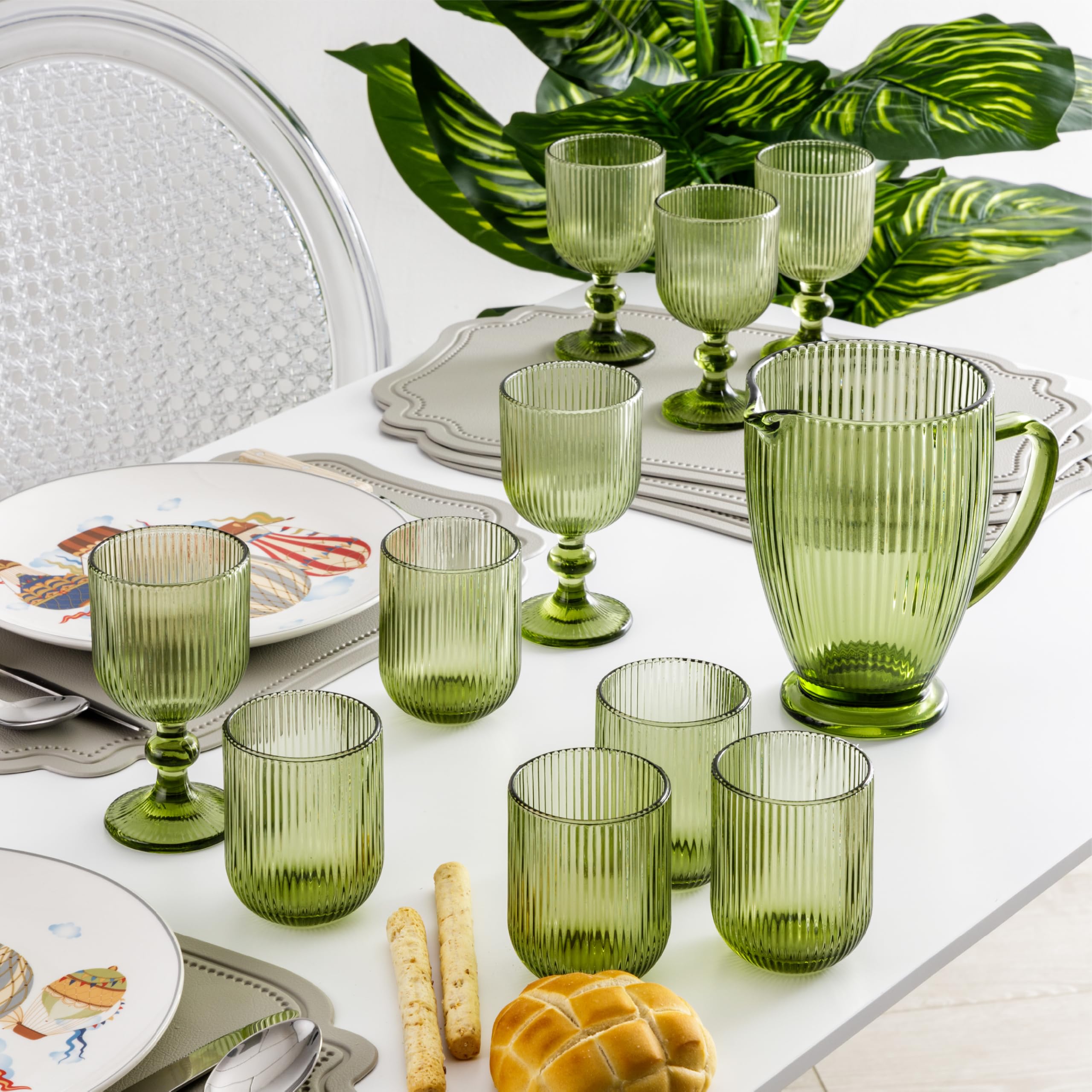 Baroni Home Set 6 pz di Calici in Vetro Colorati e Decorati con Righe in Rilievo 20 CL, Calici Eleganti Lavabili in Lavastoviglie, 8x8x14,5 cm, Verde