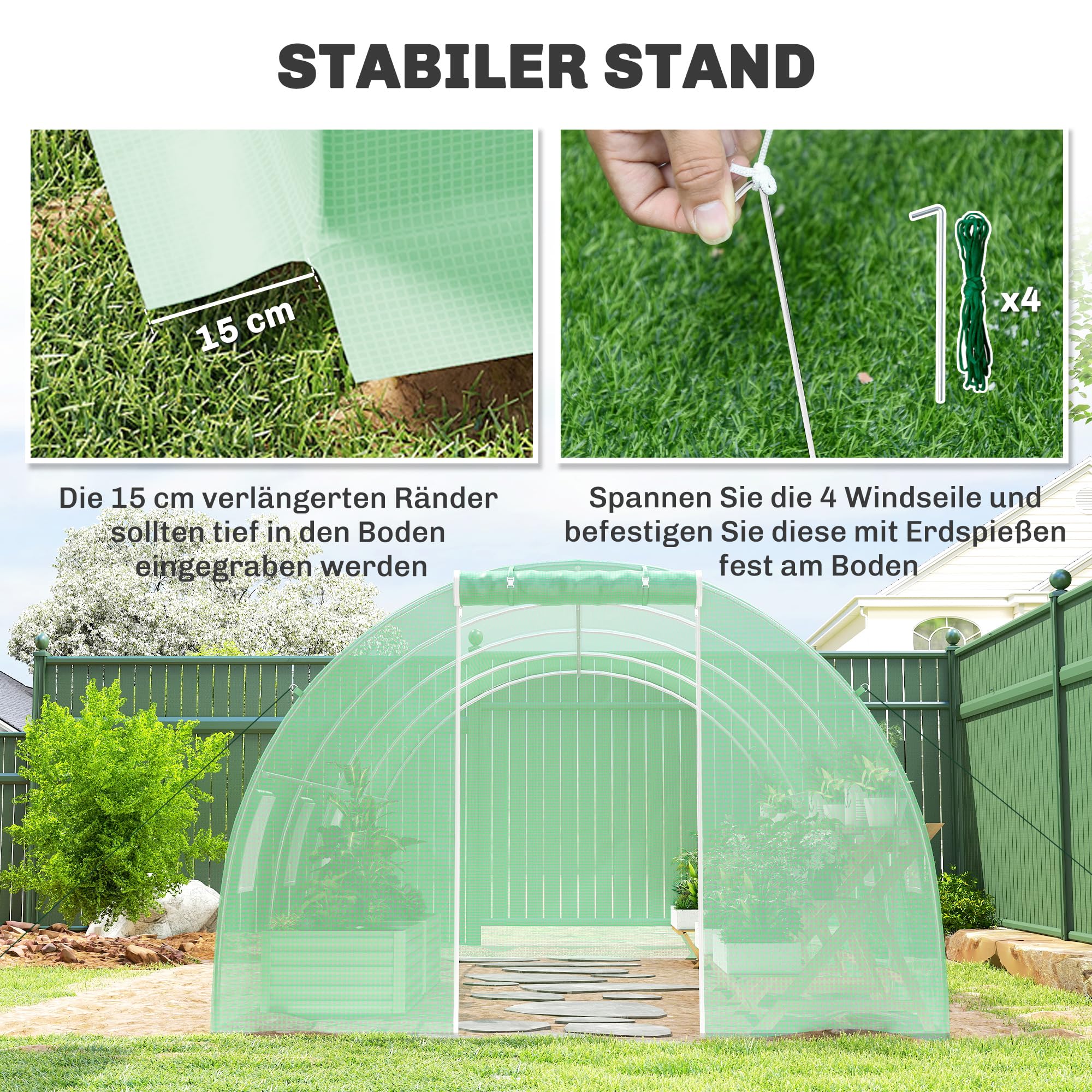 Outsunny Foliengewächshaus begehbares Polytunnel 6 x 3 m Gewächshaus mit 8 Fenster Treibhaus Frostschutz Stahlrohr Dunkelgrün