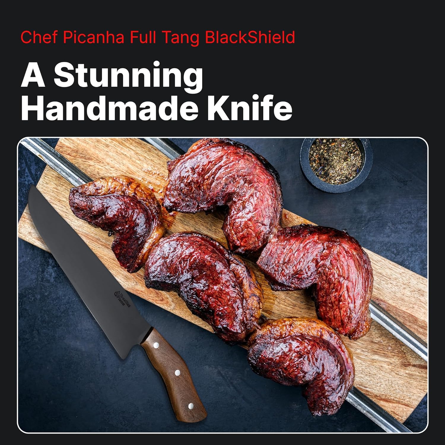 Brazilian Flame Chef Barbecue Full Tang BlackShield 10” Full Tang Carbon Steel Steakhouse Knife – 5160 Blade, Imbuia Wood Handle, Handcrafted Knife for BBQ and Kitchen (Carbon Steel Picanha Point)