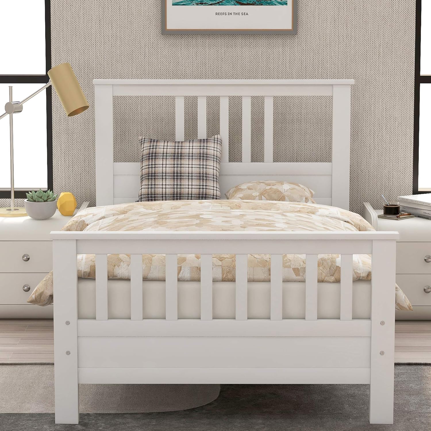 Merax Solid Wood White Twin Platform Bed for Kids, Twin Platform Bed Frame with Headboard/Footboard/Wood Slat Support,No Box Spring Needed, Easy Assembly