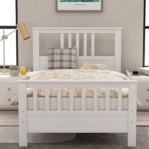 Merax Cama de plataforma individual de madera maciza blanca para niños, marco de cama de plataforma individual con cabecero, estribo, soporte de