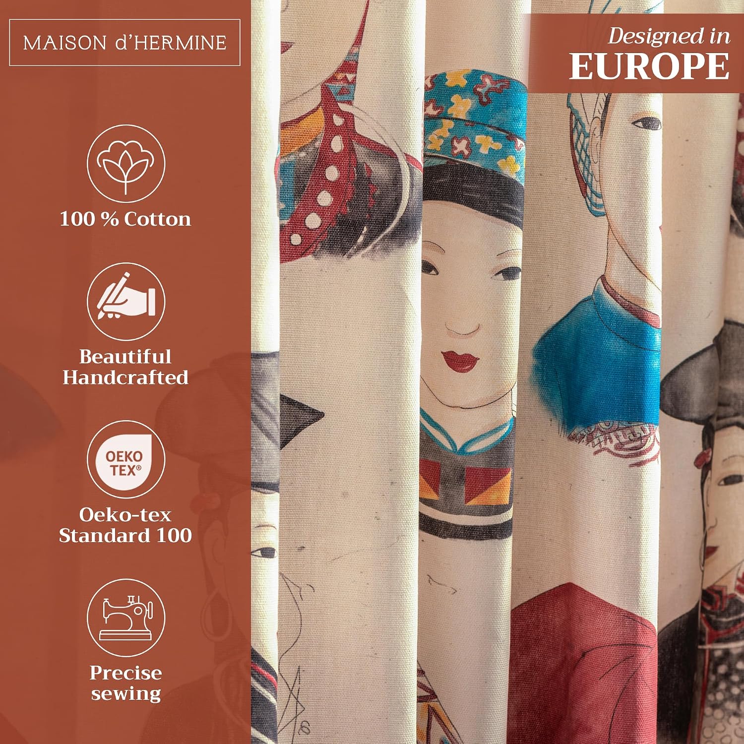 Maison d' Hermine Curtains for Living Room 100% Cotton 84 inch Length One Panel Light Filtering Curtains for Windows with Rod and Loop Pockets Spring Summer (Pupeo People, 50" W x 84" L) thumbnail