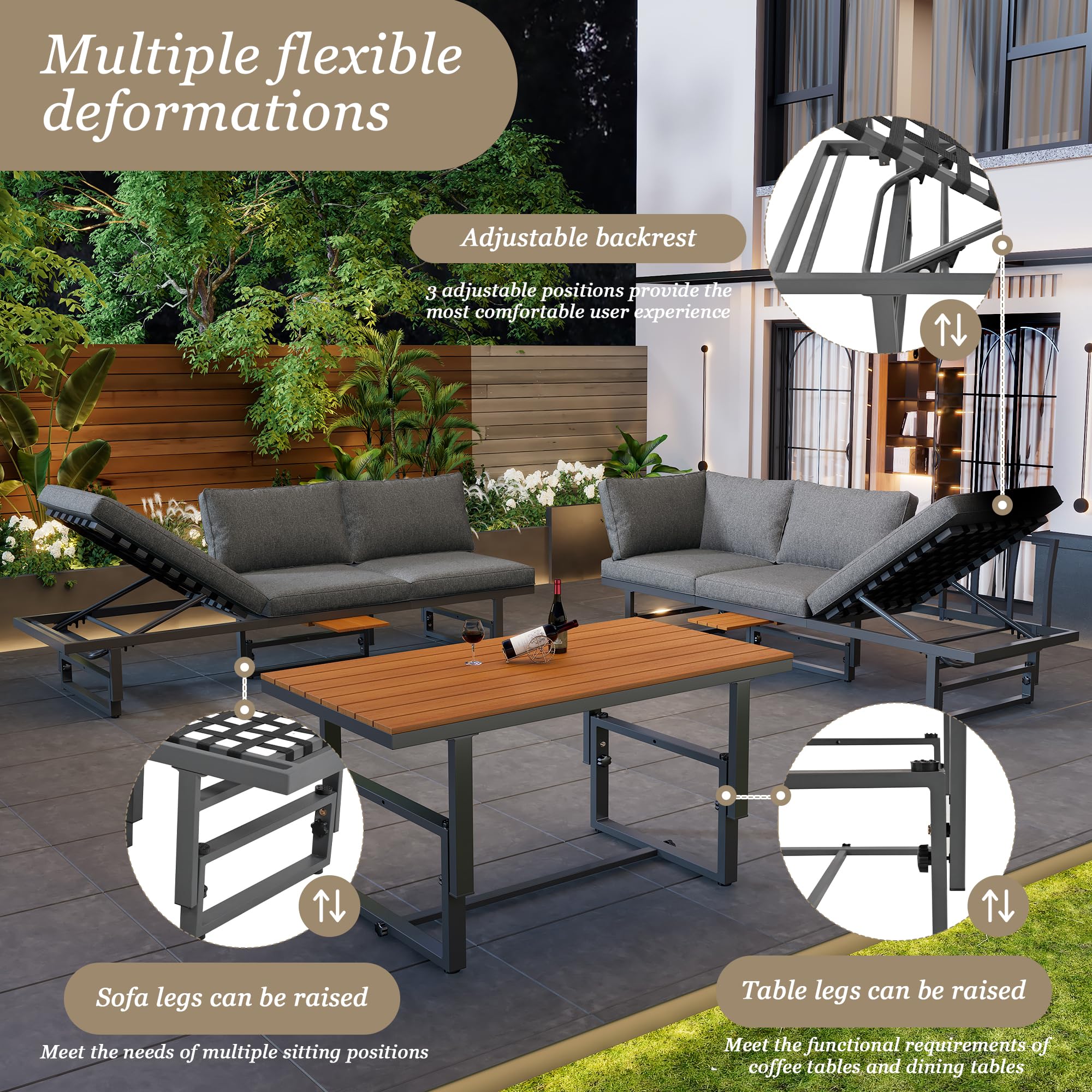 Sapgaks Ensemble de Salon de Jardin extérieur pour 6 Personnes,Structure en Fer thermolaqué, Dossier réglable, Bois d'acacia, Table réglable,Gris