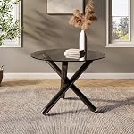 Table à manger ronde Opus - Table en verre noir moderne avec jambes en métal lisse, cuisine compacte & Table de salle à manger, Table ronde pour les appartements, Facile à nettoyer & Assemblage - 39 1 cm