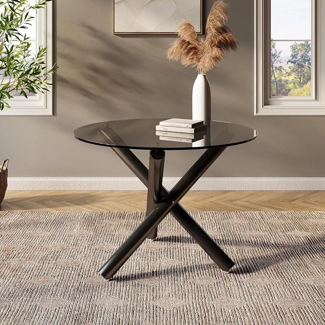 Table à manger ronde Opus - Table en verre noir moderne avec jambes en métal lisse, cuisine compacte & Table de salle à manger, Table ronde pour les appartements, Facile à nettoyer & Assemblage - 39 1 cm