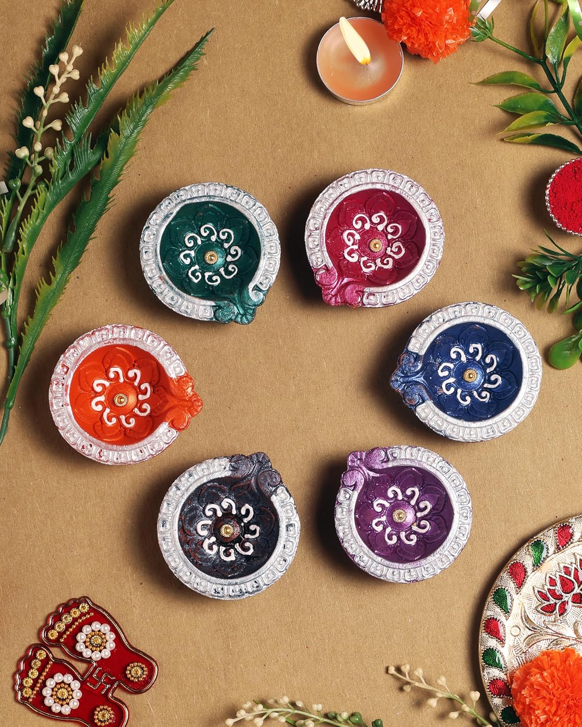 Handmade Terracotta Set of 6 Multicolor Clay Diya for Diwali/Navratri Decorations Oil Lamp Diwali Clay Diya Tea Light Holder Indian Decor Festival Gifts Puja Items | TRBD6-03