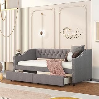 CITYLIGHT Upholstered Daybed with Storage, Wood Twin Daybed with Storage Drawers, Tufted Daybed Sofa with Nailhead Trim for Living Room,Bedroom(Grey)