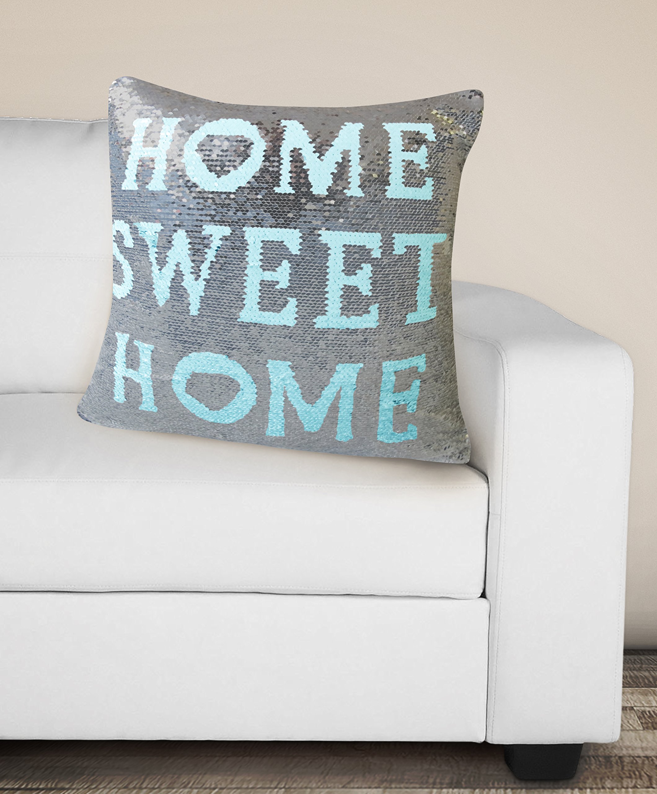 Velosso Home Sweet Home 2 in 1 Cushion Cover Sequins Mermaid Duck Egg Silver Decorative Cushion 43x43cms
