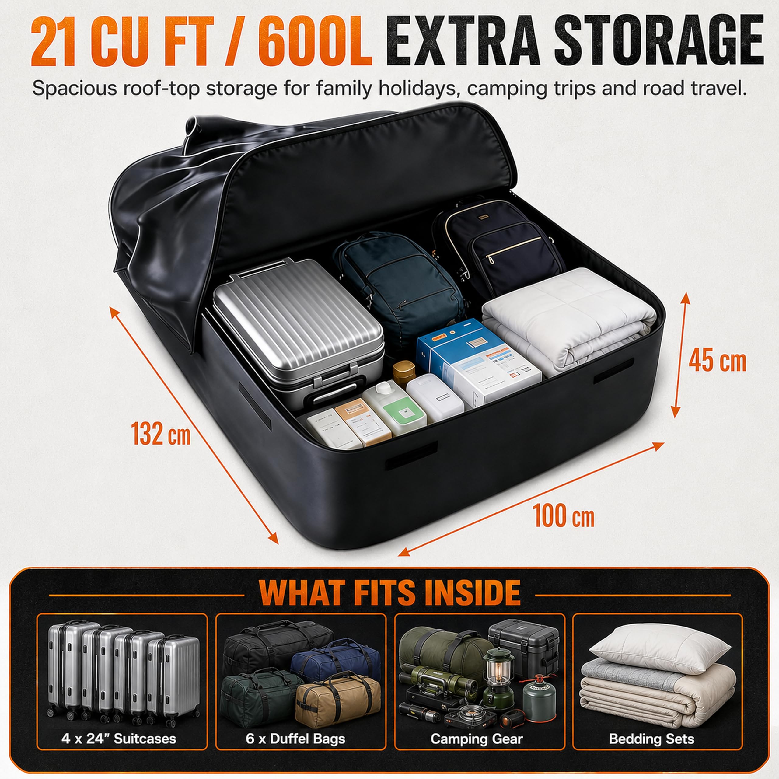 Autodachtasche 600L/21 Cu Ft wasserdicht, Faltbare Dachbox Auto aus 800D PVC, für Fahrzeuge mit/ohne Dachträger, mit Antirutschmatte, 6 Türhaken, Zahlenschloss & Tragetasche