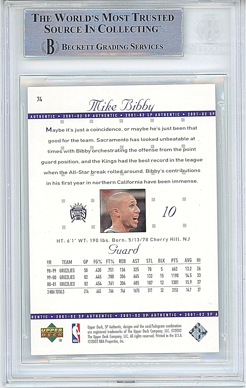 Mike Bibby Autographed 2001 02 Upper Deck SP Authentic #74 Basketball Trading Card Slab Beckett BAS Authentic Slabbed COA Played For Sacramento Kings NBA