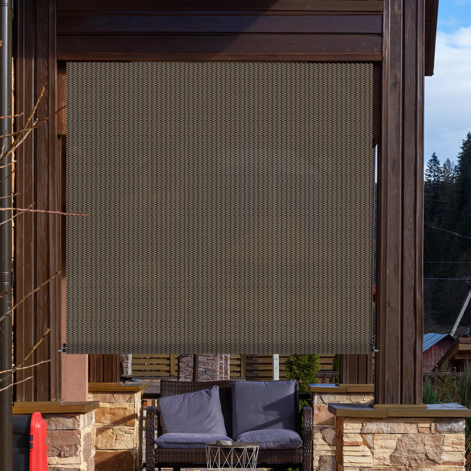 ECOOPTS Outdoor Roller Shade, Roll Up Shade Blind for Patio, Porch, Back Yard, Gazebo, Deck, Balcony (8'W x 8'L, Brown)