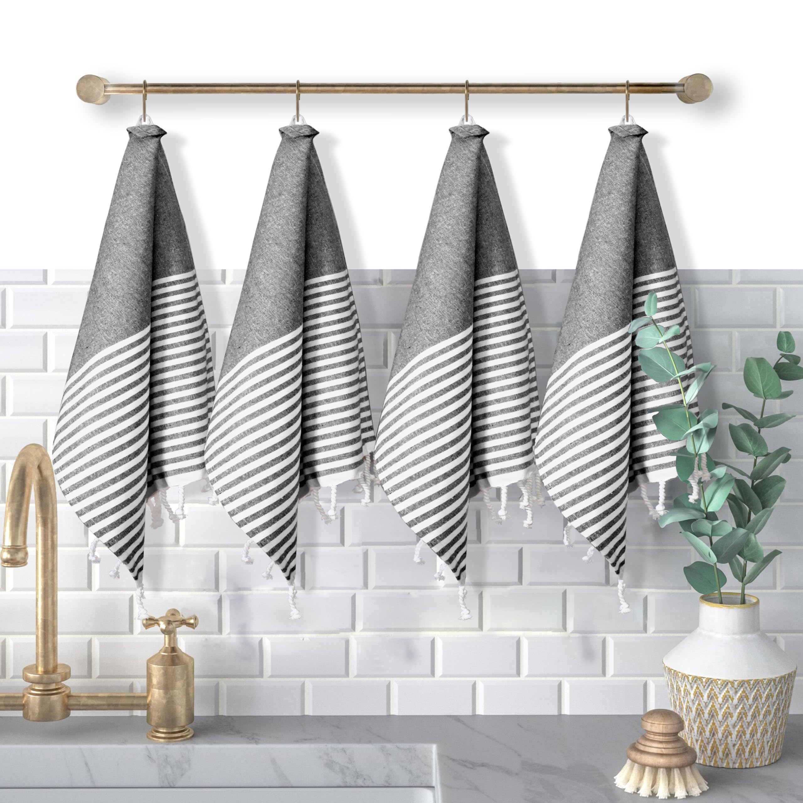 Turkish Kitchen Towels 18x26 Inches with Tassels - 4 Pack - Absorbent, Durable, Soft 100% Cotton Dish Towels for Drying &amp; Cleaning - Machine Washable, Quick Dry - Black