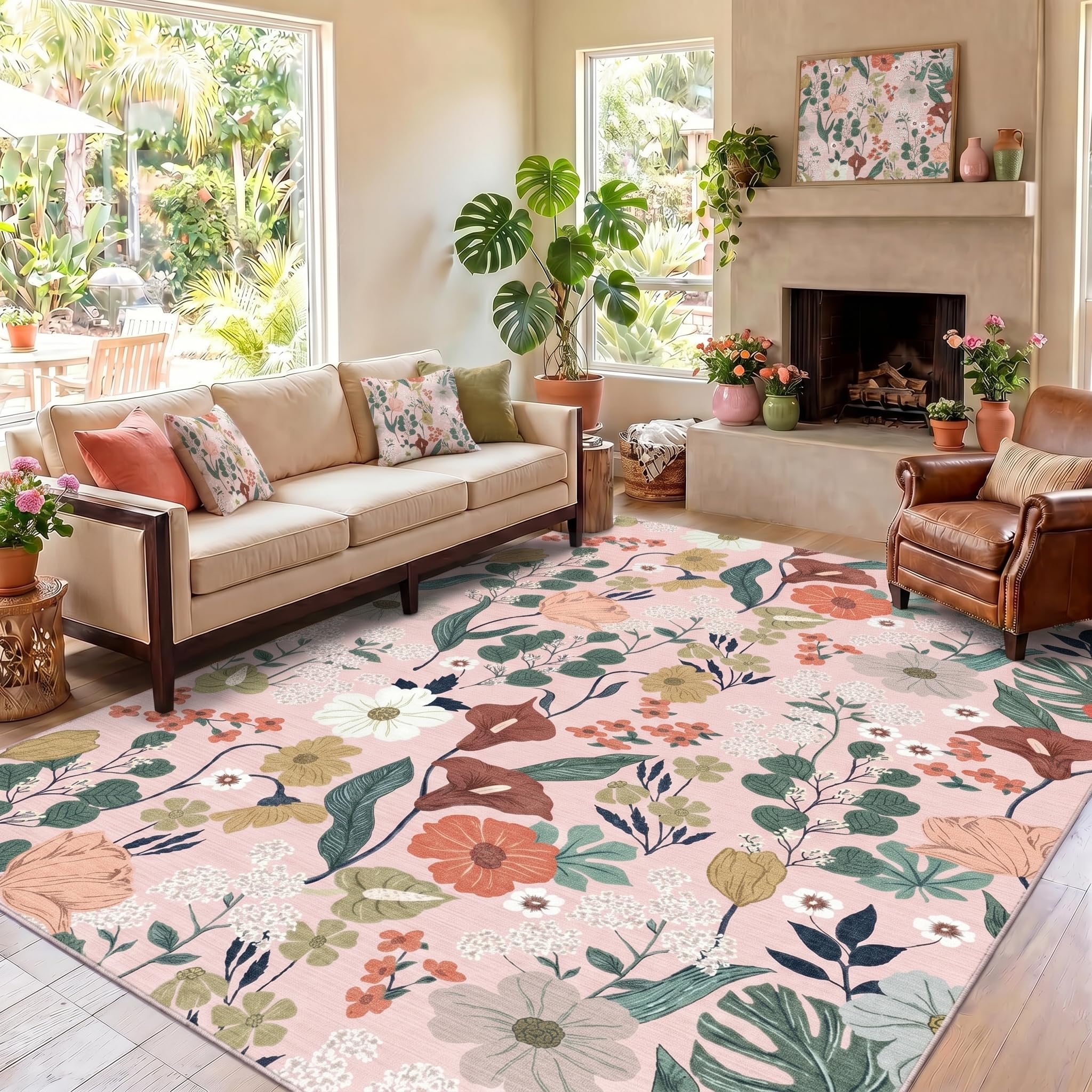 WQMMD Large Area Beige Rugs Floral for Living Room 160x230cm Machine Washable Extra Large Rug Non-Slip Low Pile Boho Vintage Carpet for Kids Room, Bedroom, Kitchen, Entryway, Lounge, Dining Room โ image 1