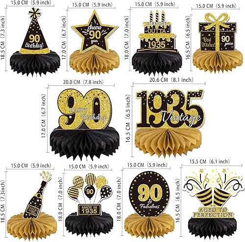 Miniatura 8 de 10 centros de mesa de nido de abeja para cumpleaños número 50, color dorado y negro con texto en inglés Happy 50th Birthday para hombres y mujeres,