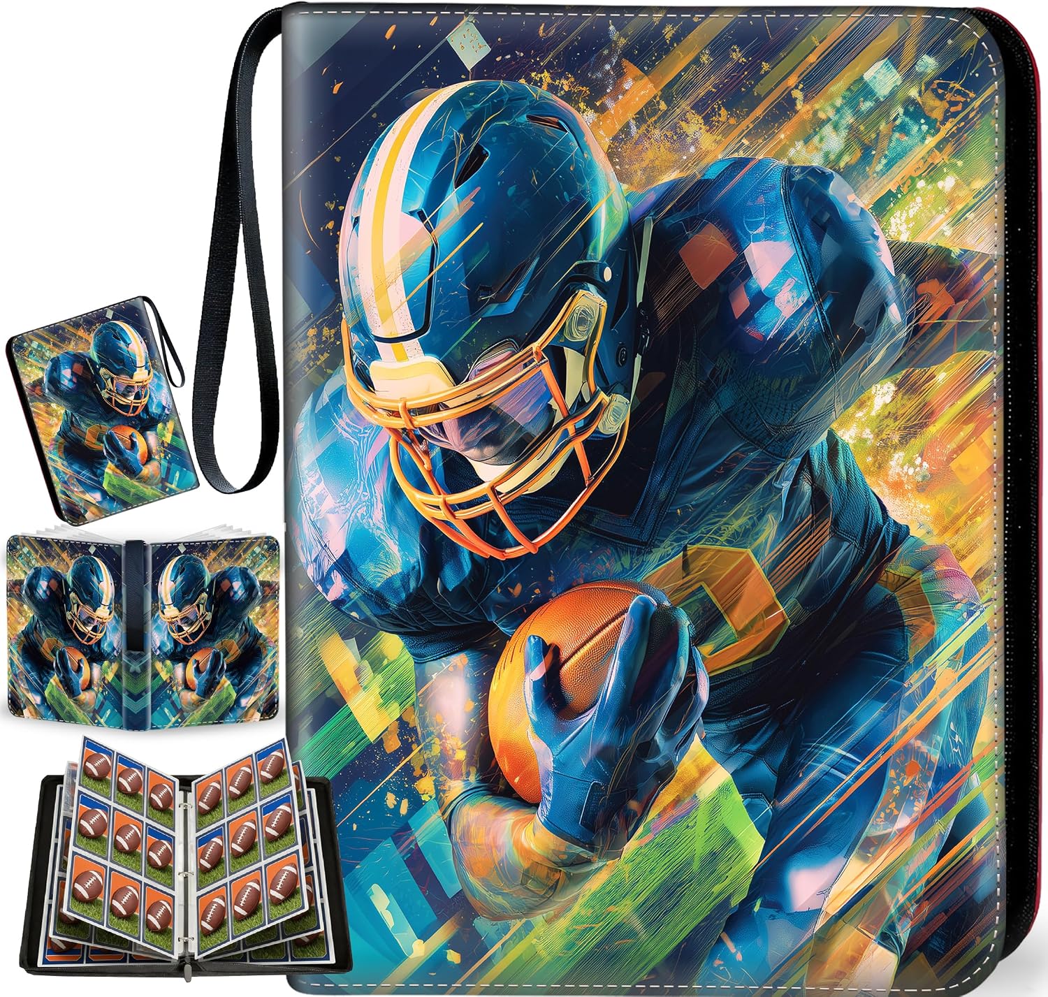 9-Pocket Zipper Football Card Binder, 900-Card Capacity with 50 Removable Sleeves, Portable Travel Storage Display Case, Gift for Kids Teens Adult Sports Card Collectors, Fits All Sports Trading Cards