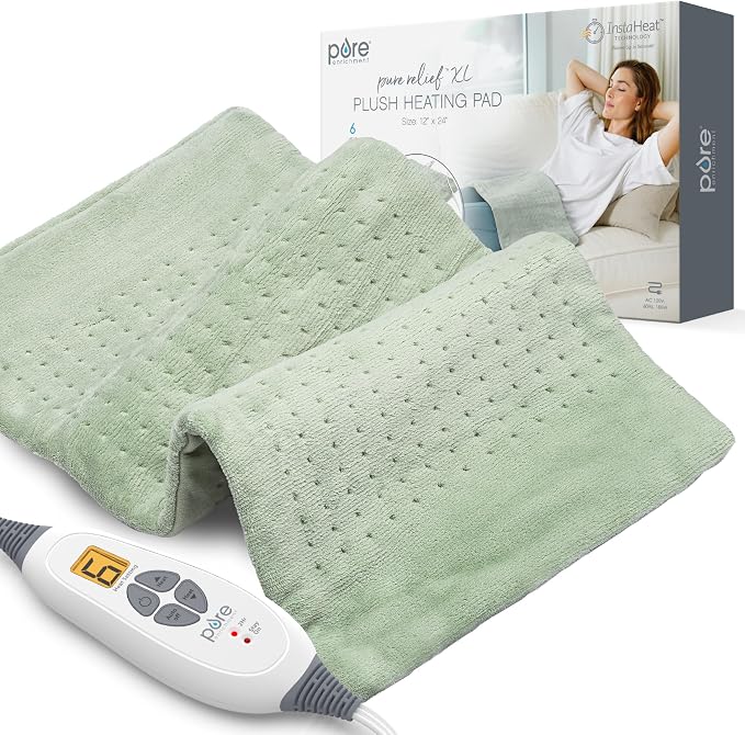 Pure Enrichment PureRelief XL Heating Pad - 12" x 24" Electric Heating Pad for Back Pain & Cramps, 6 Heat Settings, FSA/HSA Eligible, Soft Machine Wash Fabric, Auto-Off & Moist Heat (Zen Green)