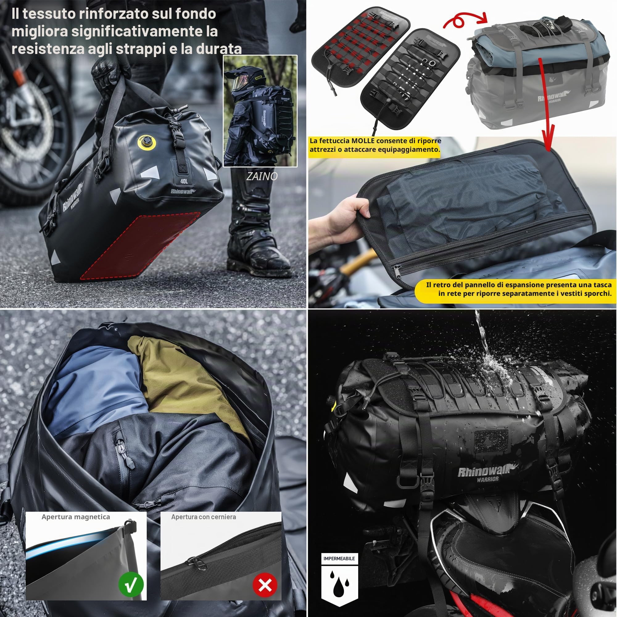 Rhinowalk Borsa posteriore per moto 40L - Borsa per bagagli impermeabile con pannello di estensione, sistema MOLLE e funzione zaino