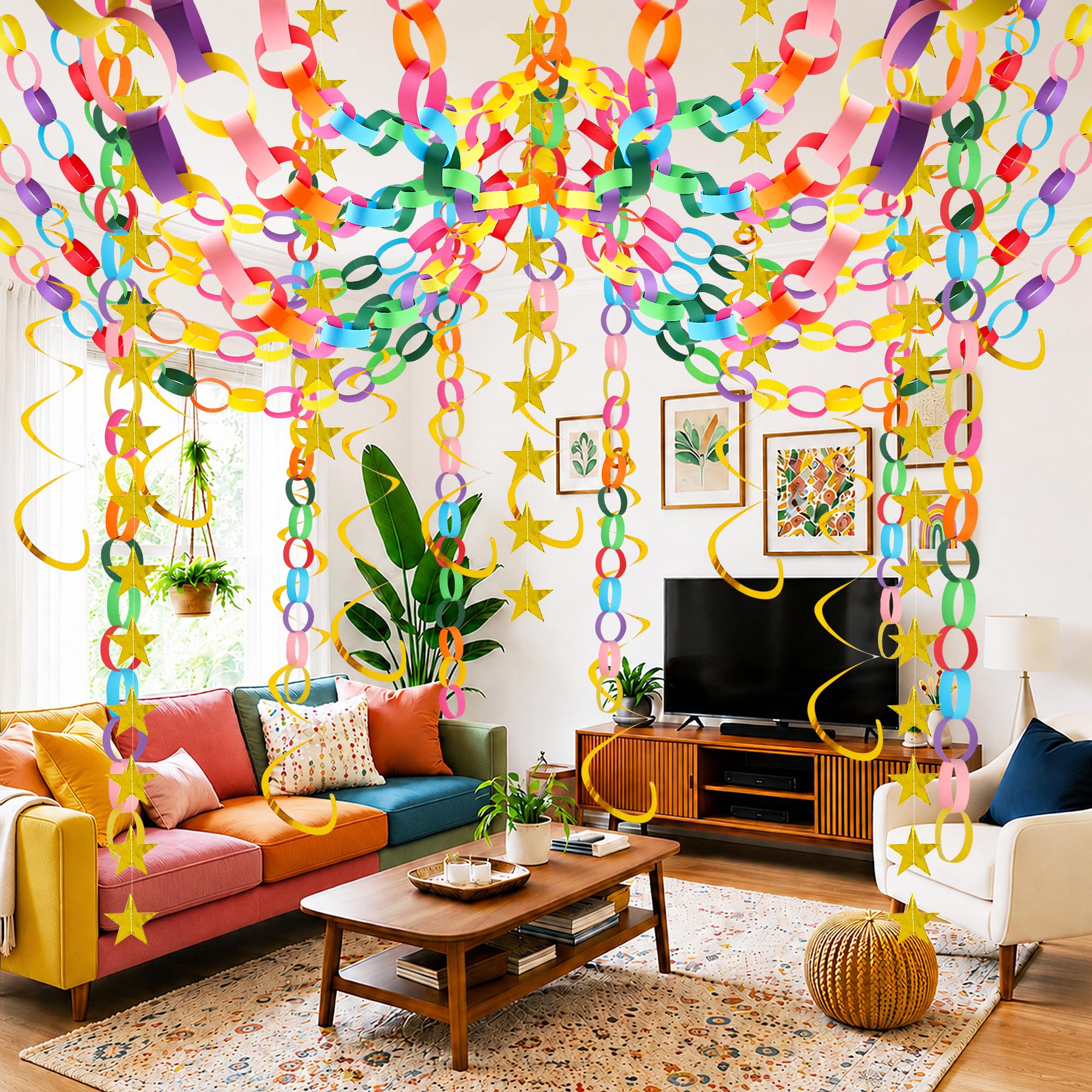 LACGO 500 Pcs Paper Chains,Colored Paper Strips with Star Garlands,Hanging Swirls and Double Sided Tape,DIY Craft for Easter Birthday Engagement Christmas Party Decorations (Rainbow)