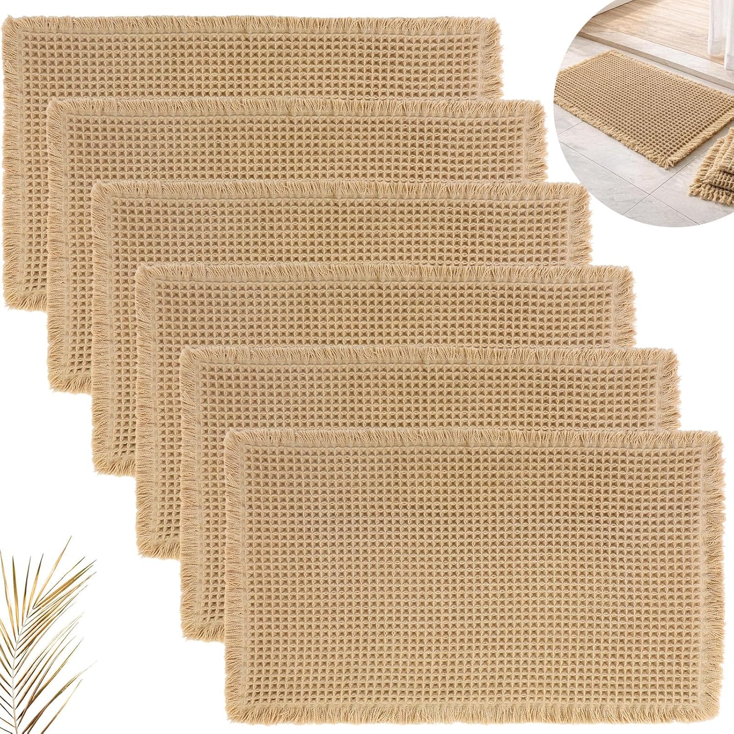 6 Pack Waffle Bathroom Rugs Bulk, 18x30 Washable Boho Bath Mat Set for Guest Room, Spa & Multiple Bathrooms, Quick Dry Non Slip Thin Shower Mats with Tassels (Brown)