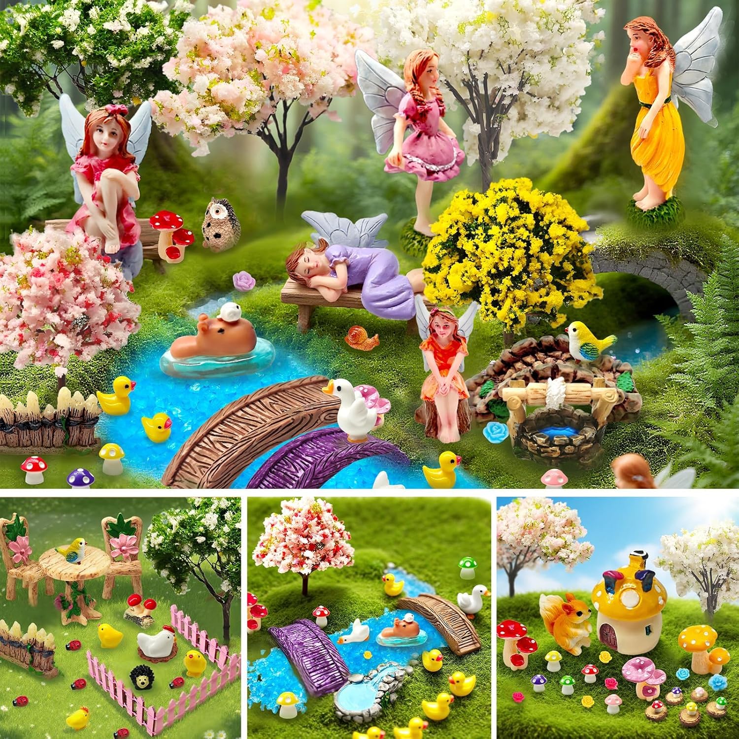 114 Pcs Miniature Fairy Garden Accessories Kit Resin Elves Animal Figurines Decor Micro Landscape Ornaments for DIY Micro Dollhouse
