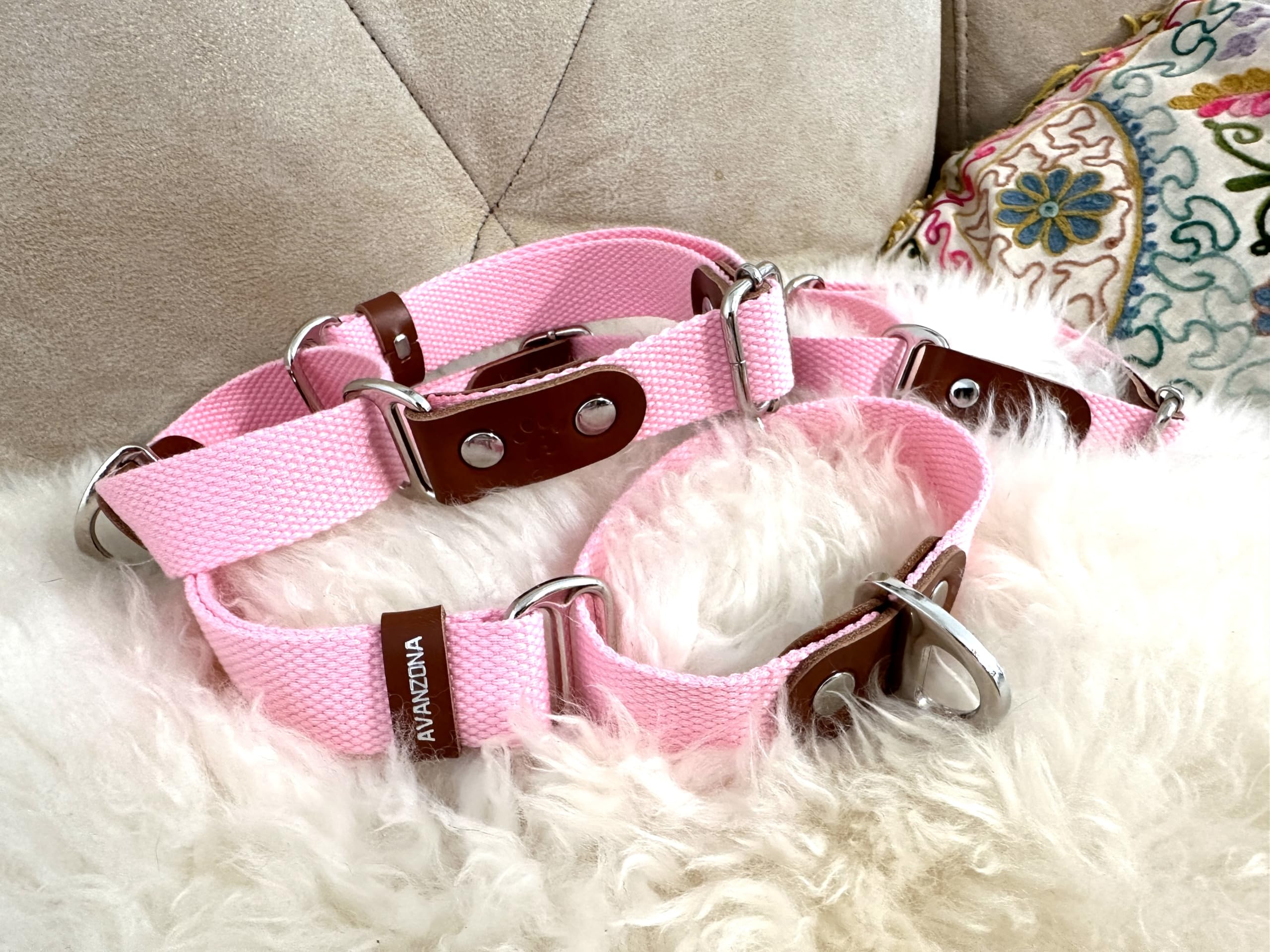 Collari martingala per cani martingala, Anti-strappo, in cotone e pelle. M. Rosa & Cognac.