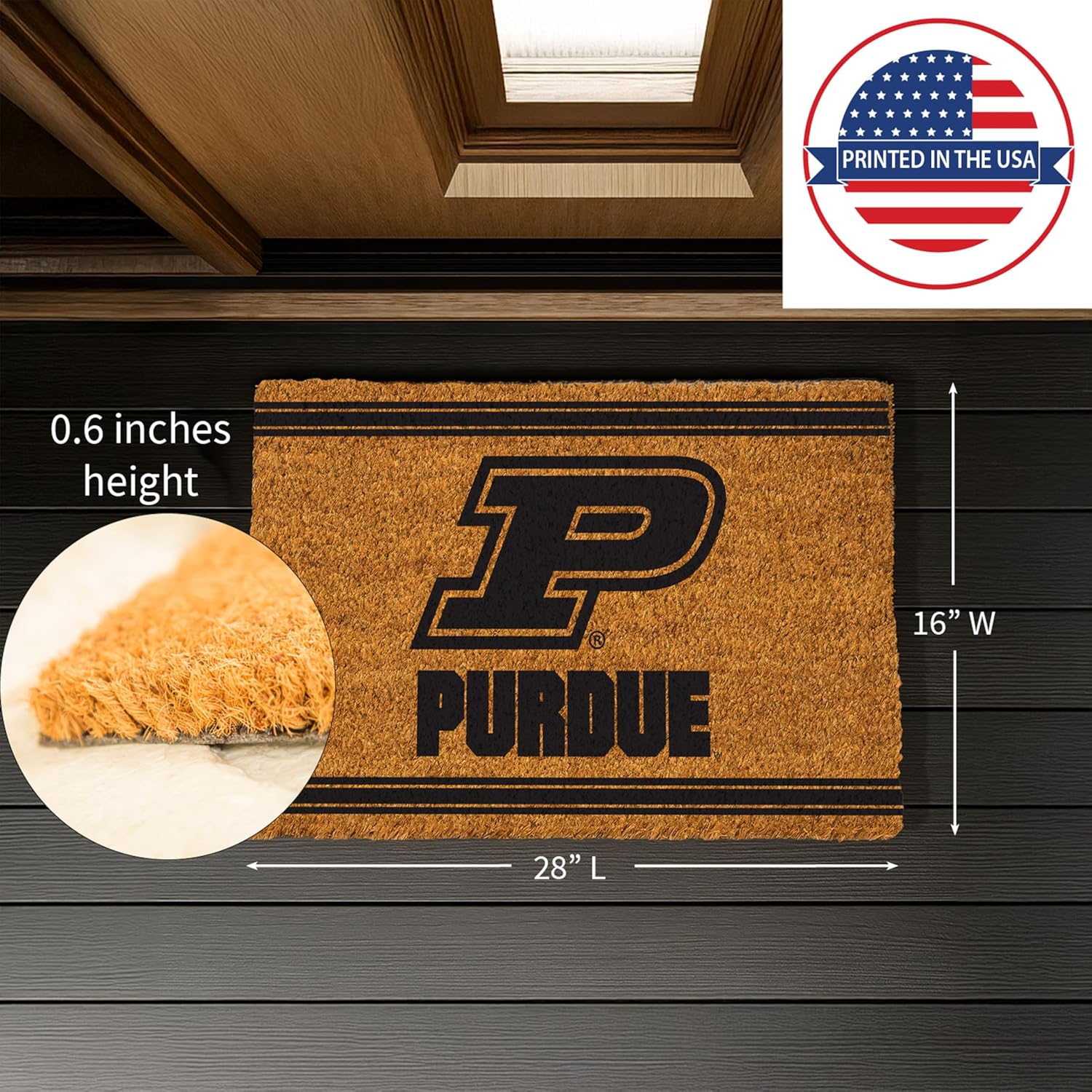 NCAA Purdue University Coir Door Mat, Indoor and Outdoor Entryway, 28 x 16 Inches Non Slip Back Welcome Floor Mats for Muddy Dog Paws, Weather-Resistant Front Door Entrance Home Décor