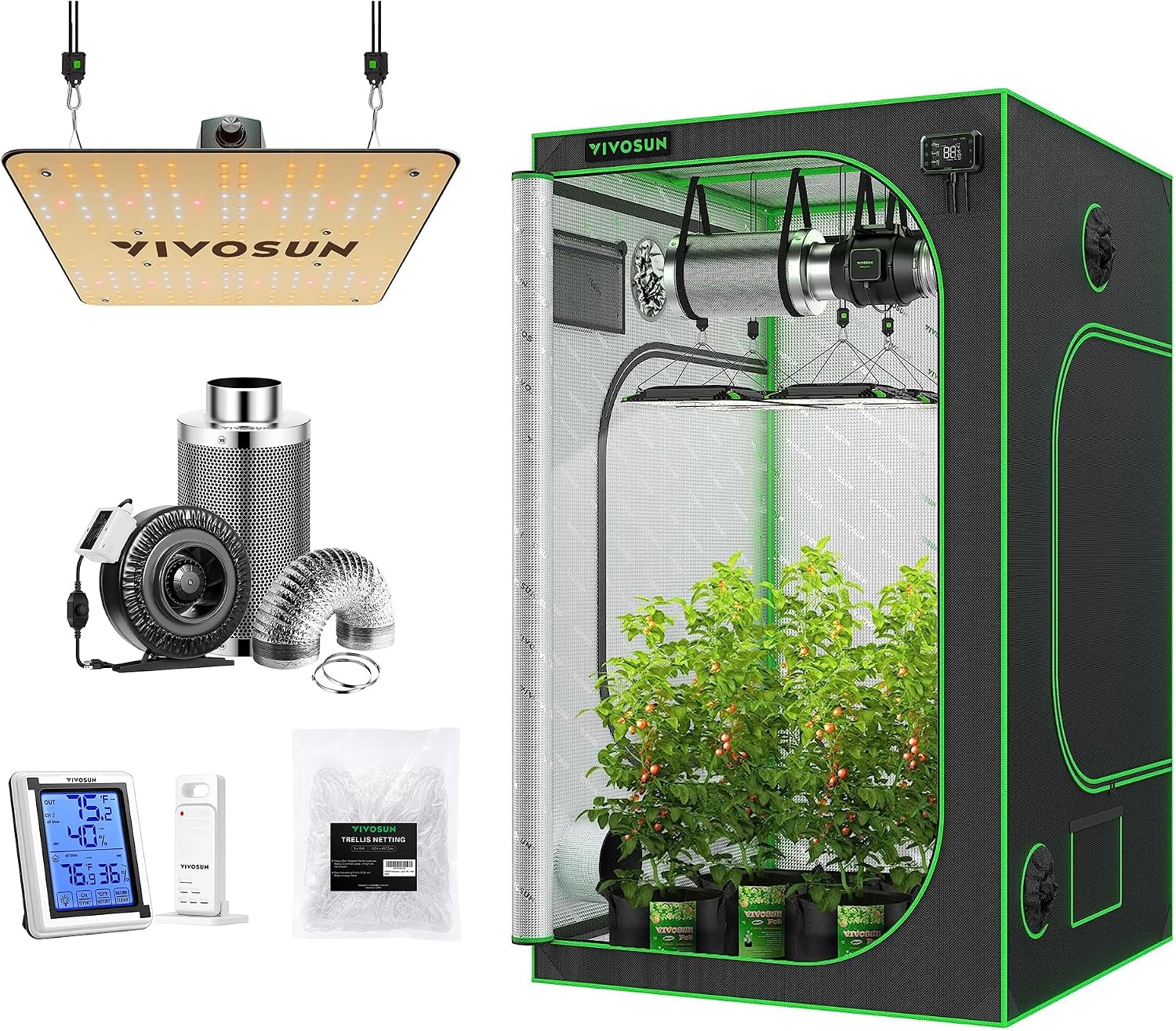 VIVOSUN Grow Tent Complete Kit, 48"x48"x80" Growing Tent with VS1000 Led Grow Light, 6 Inch 440 CFM Inline Fan Carbon Filter and 8ft Ducting Combo