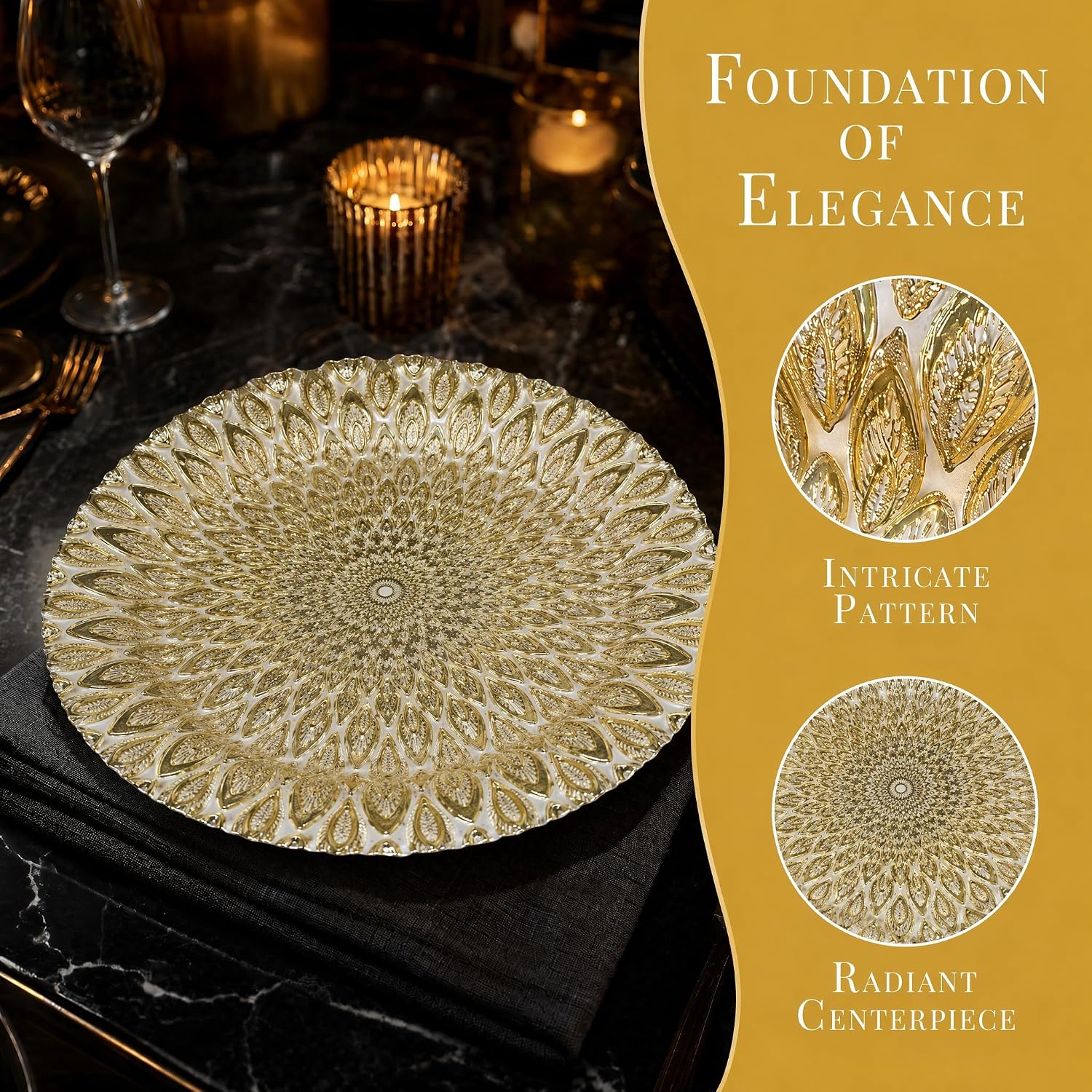 Gold White Glass Charger Plates, Set of 12-13 Inch Round Peacock Feather Chargers for Dinner Settings with Smooth Top Surface for Wedding Party Table Decor